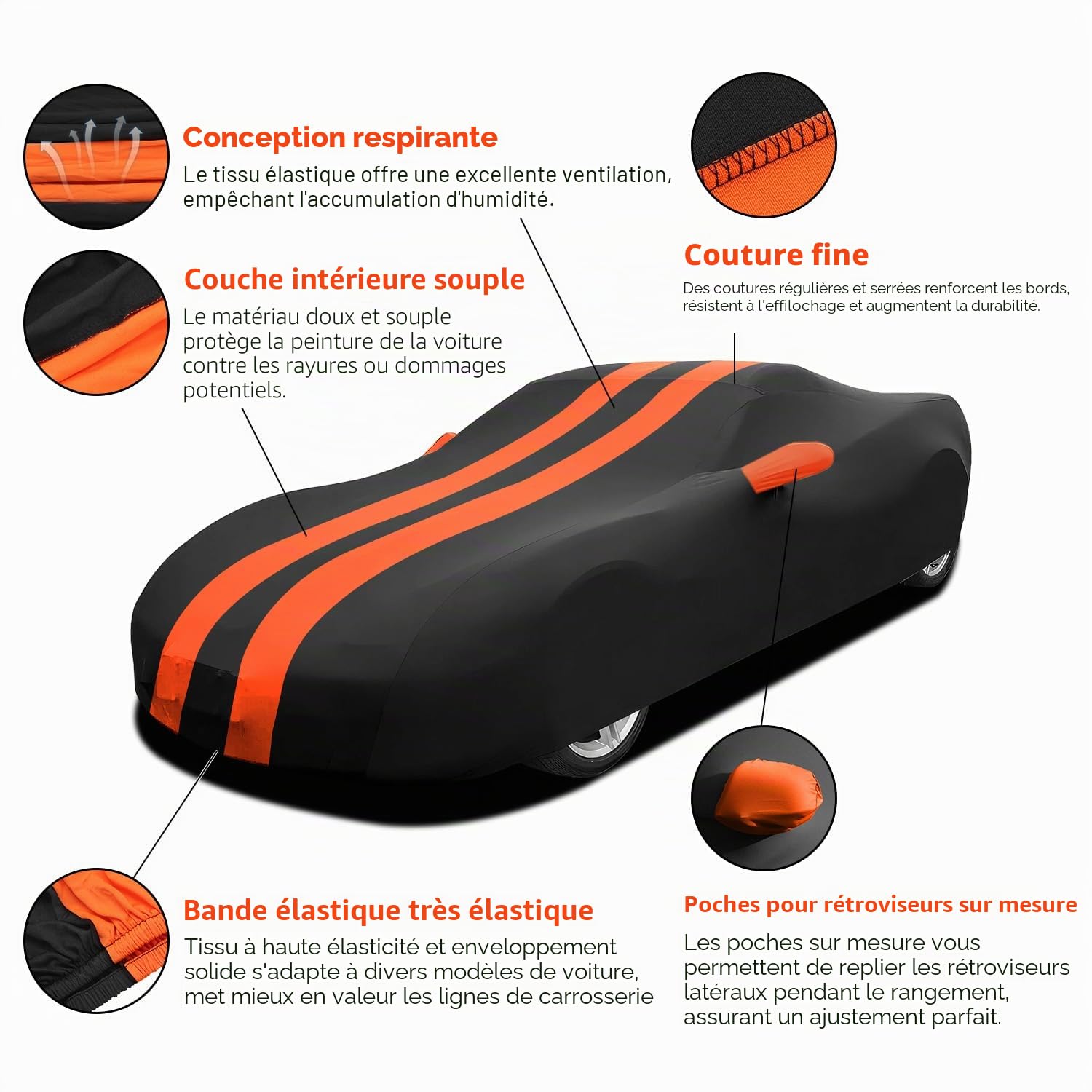 TECTICO Bache Housse Voiture Intérieur de Sport 4,2-4,6m,Élastique Respirante Souple Anti Rayure Protection Complète pour Garage Indoor Auto Show, Noir+Orange