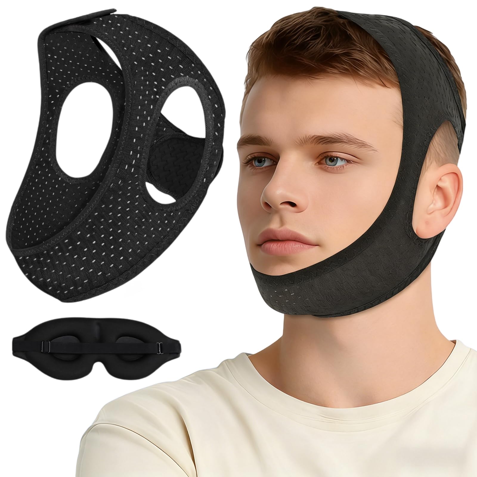 Schnarchstopper, Anti-Schnarch Kinnband für Schlafapnoe, Verstellbares Kinnriemen mit Augenmaske, Bequeme Lösung gegen Schnarchen, Atmungsaktive Schnarchmaske