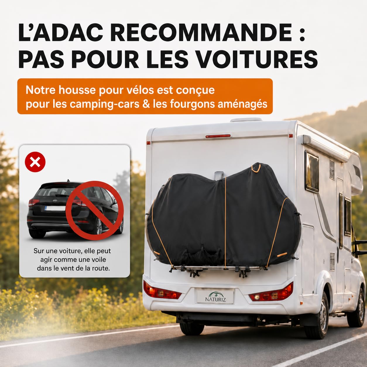 NATURIZ® Housse de protection pour porte-vélo arrière étanche et résistante - Housse de vélo avec corde de tension de 6 m - Housse de vélo pour 2 vélos - Ensemble de protection de transport pour