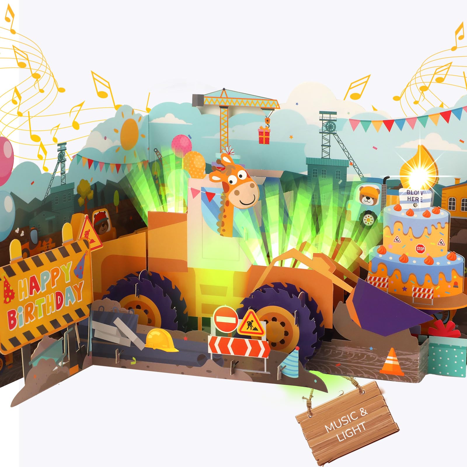 Musical Birthday Card for Kids, 3D Bulldozer Pop-up Birthday Card with Lights & Sounds & Blowable Candle, Happy Birthday Singing Card for Boys Girls Kids Grandson Granddaughter