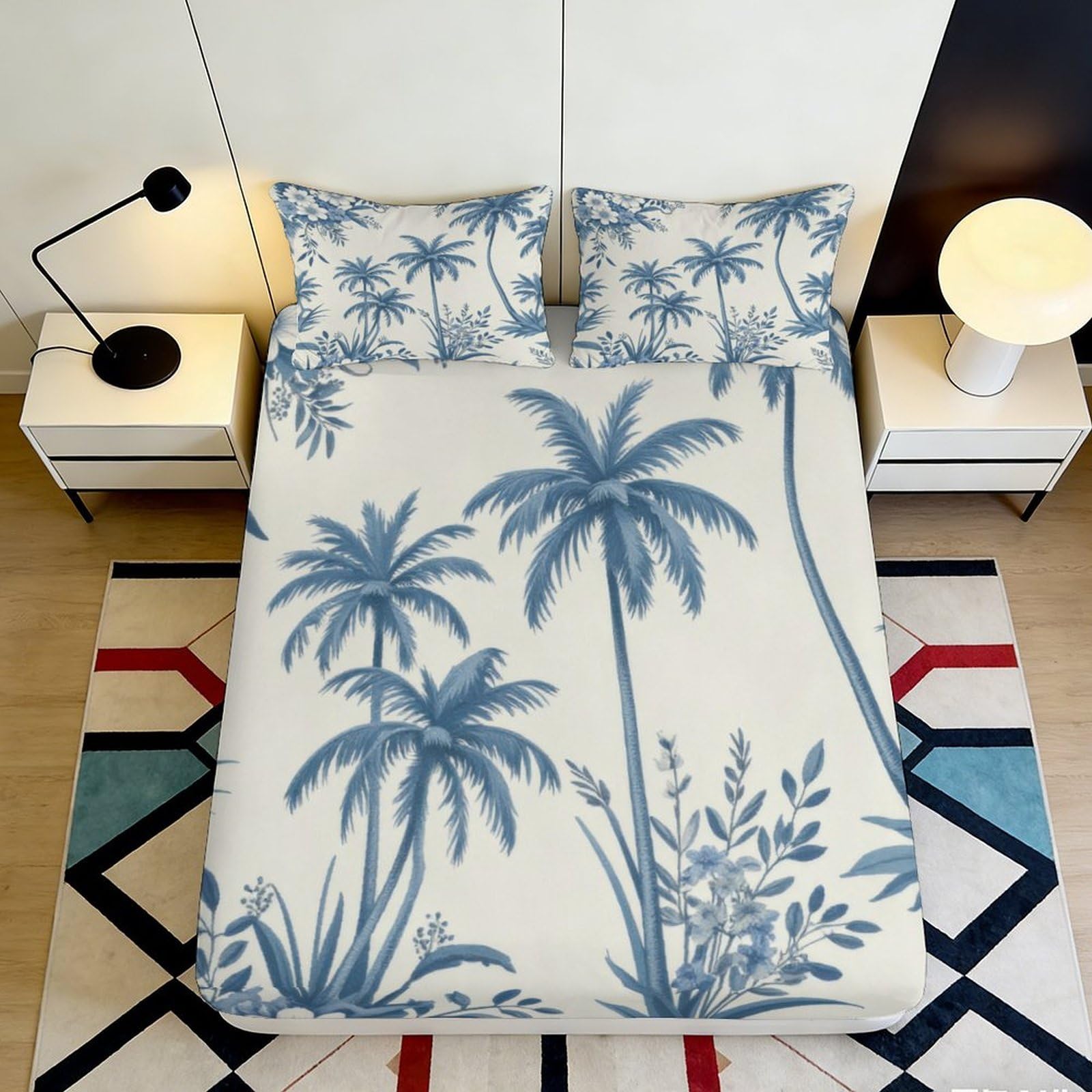 Pnayamiorkfel Style-8 3D Printed Blue Palm Tree Fitted Sheet Microfiber Soft Breathable Tropical Leaves Mattress Cover For Bedroom Guest Room 90X200x25cm
