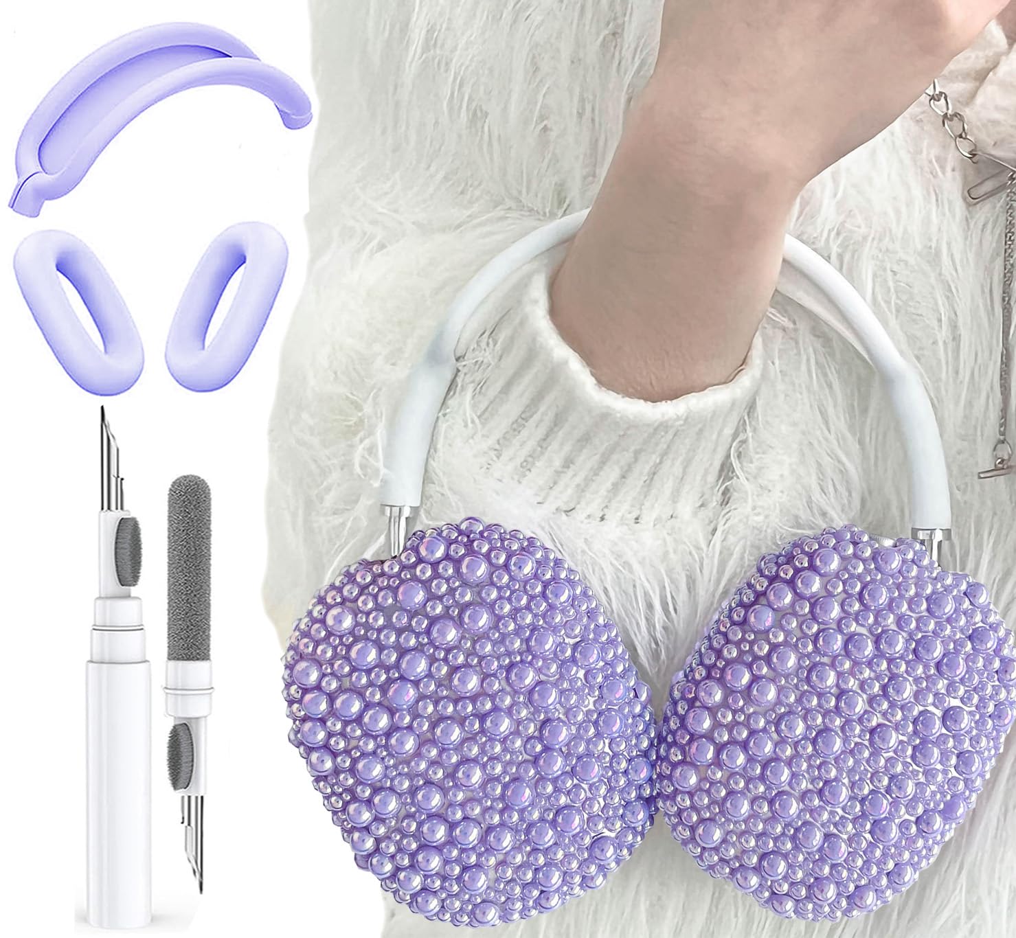 Glitter Pearls Case Cover for AirPods Max Headphones with Cleaner Pen Girls, Soft Handmade Beads TPU Ear Cups/Ear Pad/Headband Case Cover Silicone