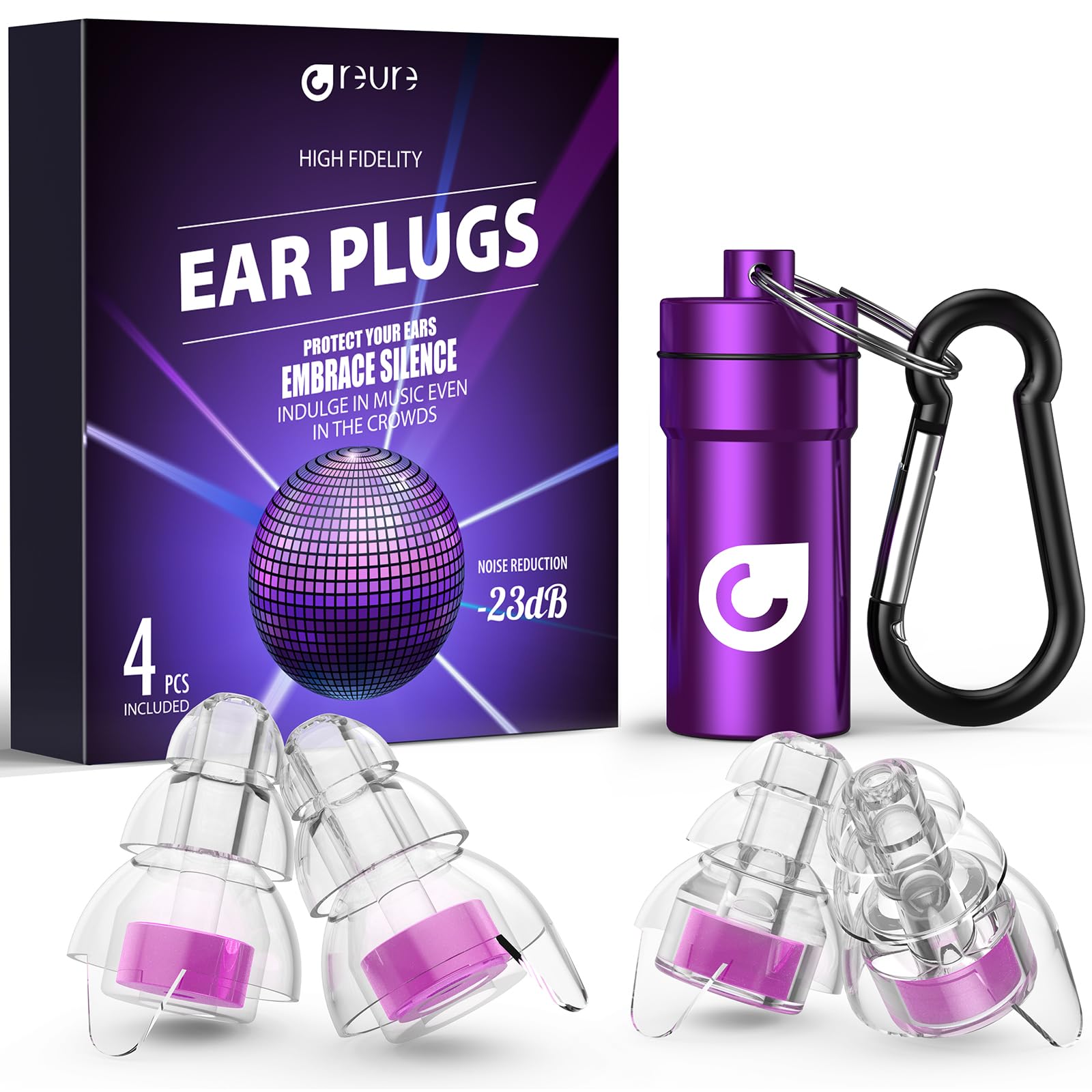 High Fidelity Concert Ear Plugs, Noise Cancelling Silicone Ear Plugs 2 Pairs Great for Concerts Loud Music, Musicians, Motorcycles, Airplanes, Raves, Hearing Protection -23 dB