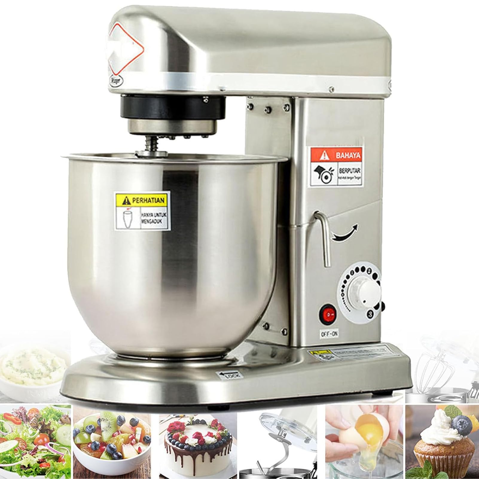 Komercyjny Elektryczny Mikser Do żYwnośCi Z Hakiem Do Ciasta, 5L/7L/10L Kuchenny Mikser StojąCy Ze Stali Nierdzewnej, Wielofunkcyjny Blender Do Wypieku Pizzy I Ciasta Chlebowego,Silver-10L
