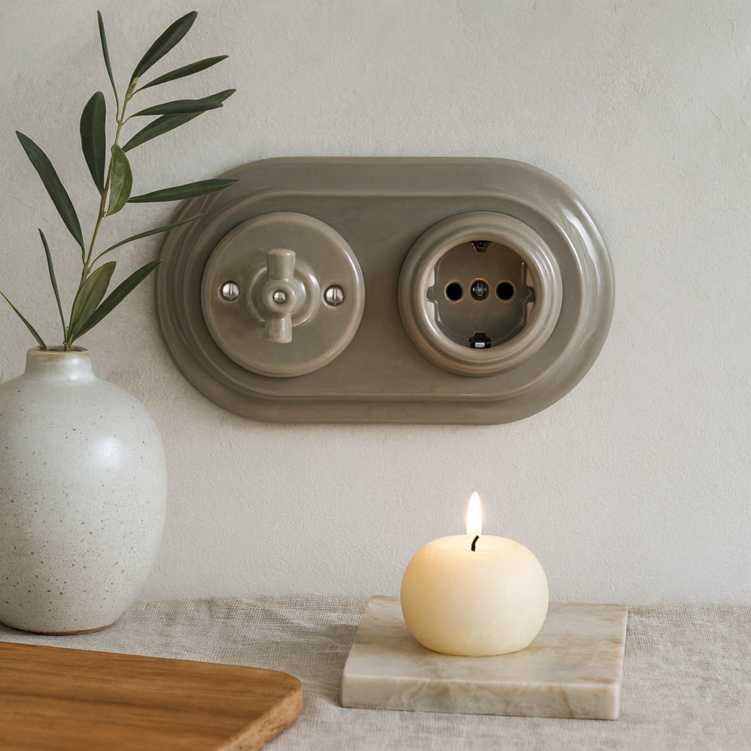 Unterputz Porzellan Retro Steckdose, Rotary Schalter, 2-fach, All-in-One, SET Serie PR1 graubeige