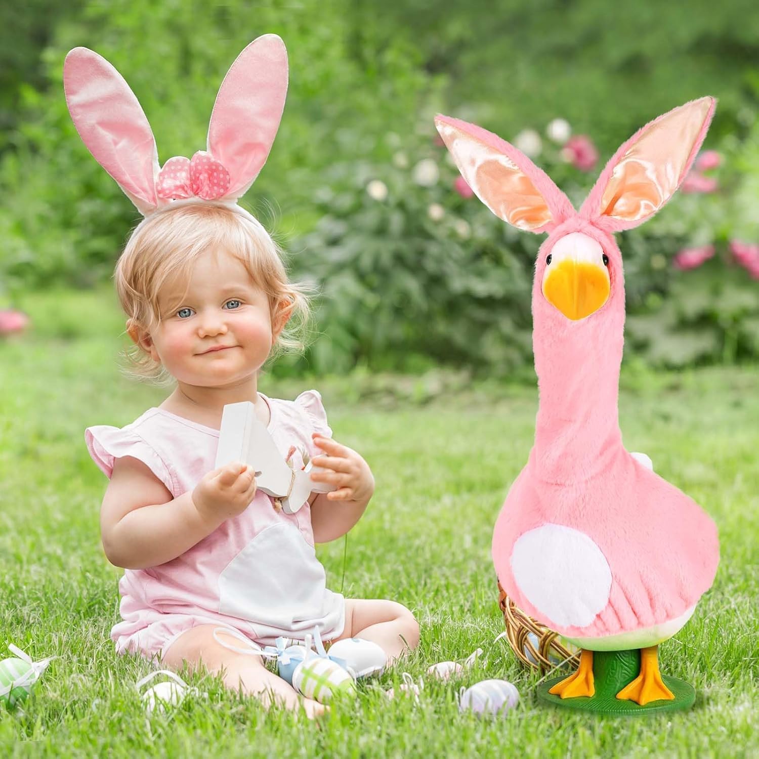 Easter Bunny Goose Outfit Pink Fluffy Goose Clothes Fits 23" Geese for Goose Statue Outdoor Garden Lawn Yard Patio Spring Decor - Image 7
