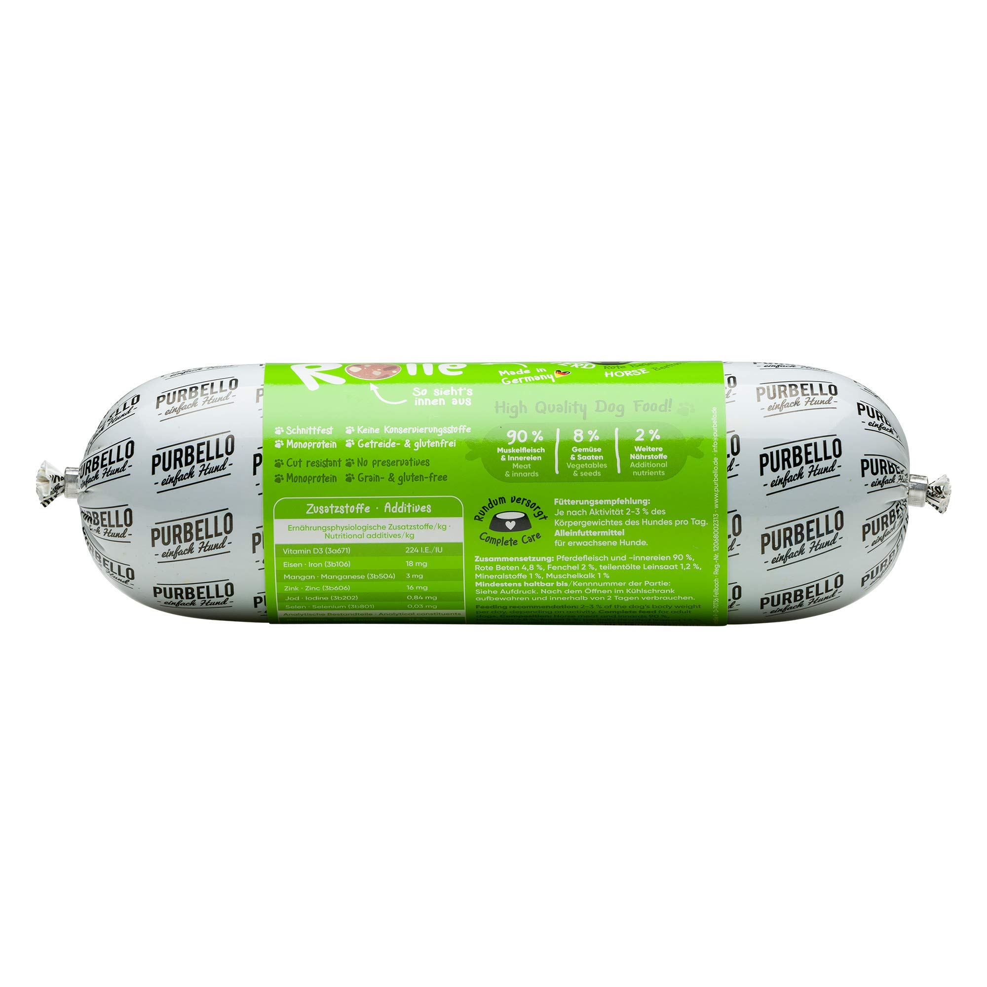 PURBELLO - Caballo enrollado para perros con remolacha e hinojo - Alimento monoproteico para perros con alto contenido en carne - Salchicha para perros resistente a cortes y sin cereales - 8 x 800 g