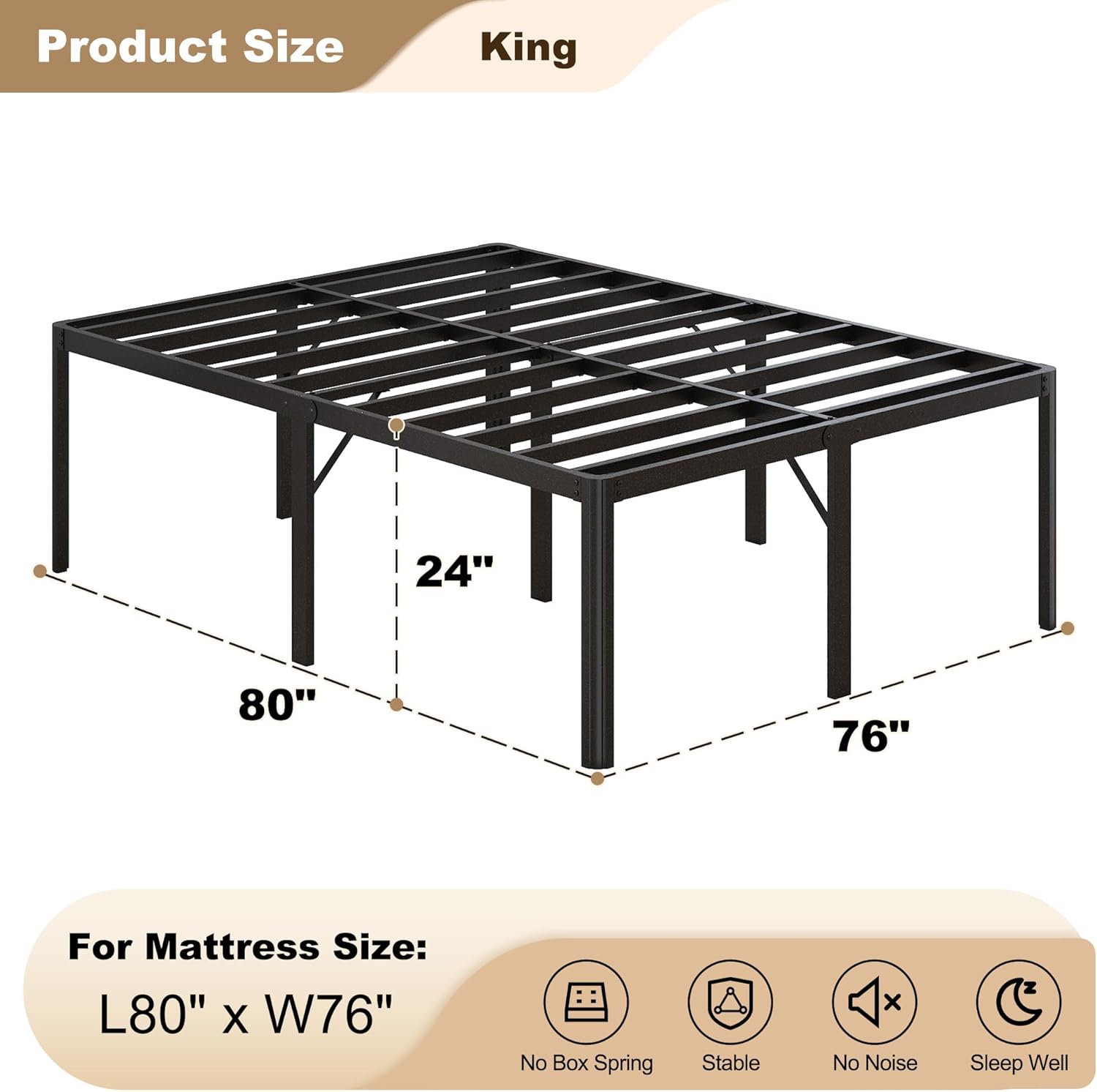 Likelalaso 24 Inch High King Bed Frame with Rounded Corner, Heavy Duty Metal Bed Frame King Under-Bed Storage Space, No Box Spring Needed, Noise Free, Easy Assembly, Black
