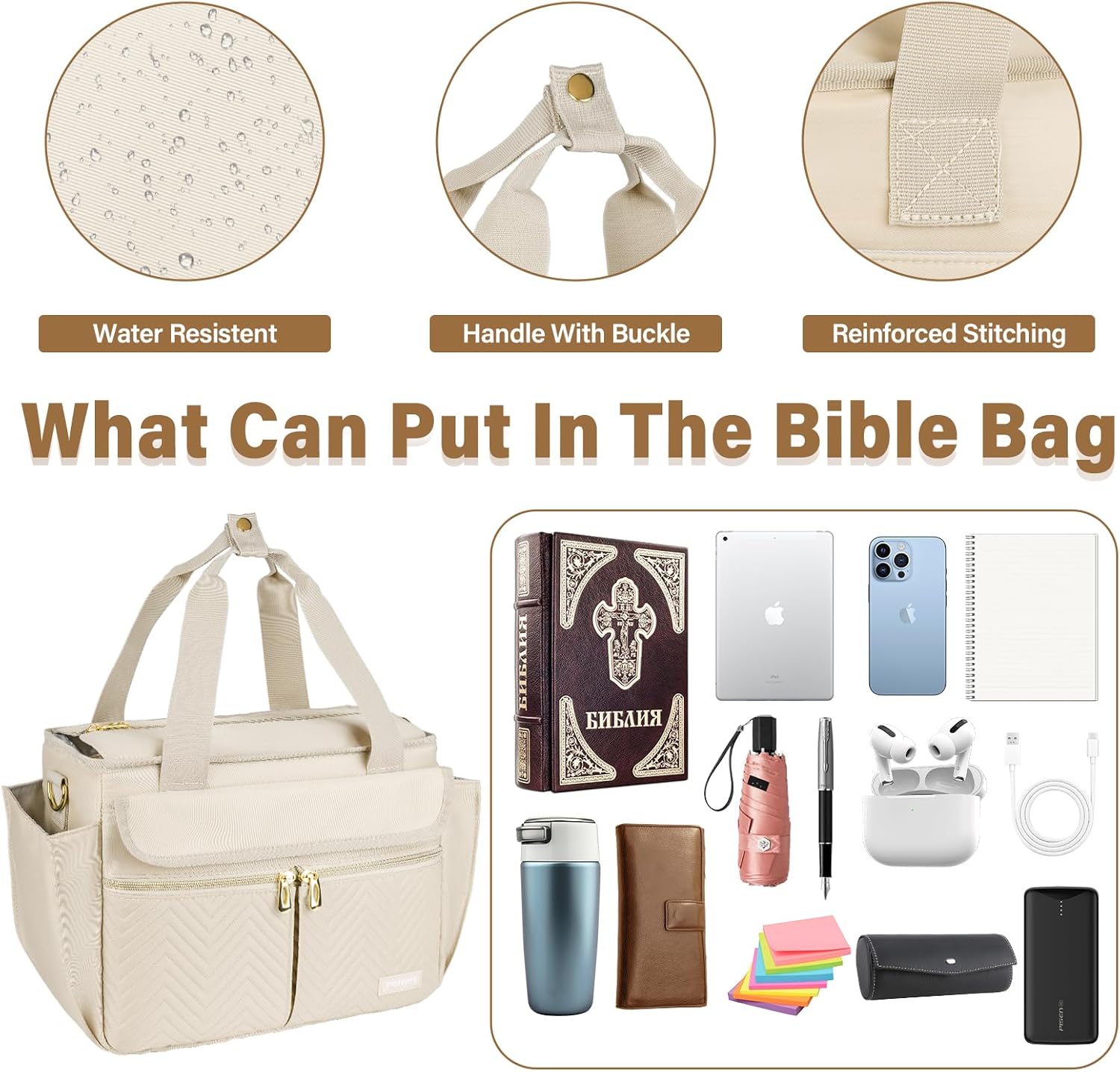Bible Cover Case for Women,Bible Tote Bag with Shoulder Strap,Church Bag with Multiple Pockets for Bible Study Accessories - Image 6
