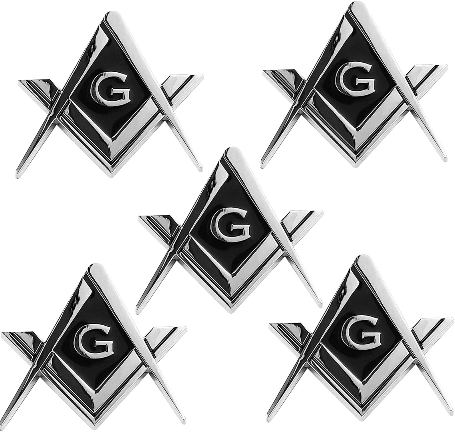 5 Pack 2.75" Chrome Plated Masonic Car Emblem Mason Square and Compasses Auto Truck Motorcycle Decal Accessories