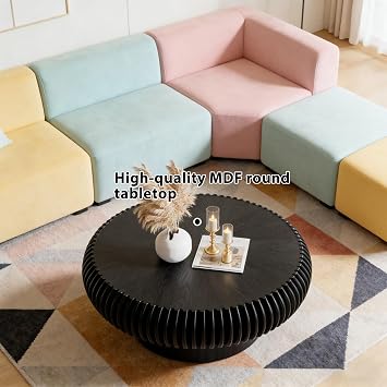 Modern Black Round Fluted Coffee Table Wood Circle Drum Coffee Tables Handcrafted Fluted Centry Table with Sturdy Base, for Living Room Reception Room, Easy Assemble (Black (39.37 inch))