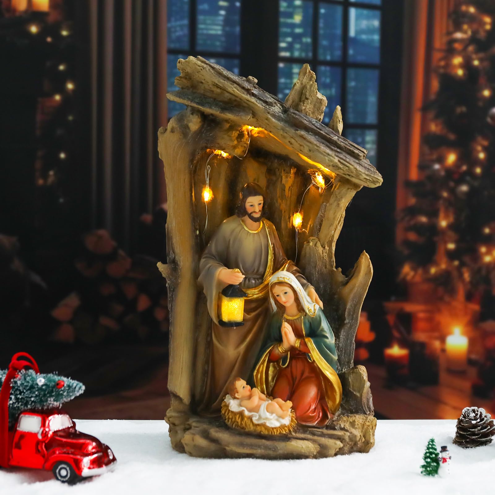 Yinns Zestaw szopki bożonarodzeniowej do wewnątrz, 30 cm, zestaw szopki z figurkami, podświetlana szopka bożonarodzeniowa, dekoracja stołu z żywicy religijnej, dekoracja stołu na Boże Narodzenie