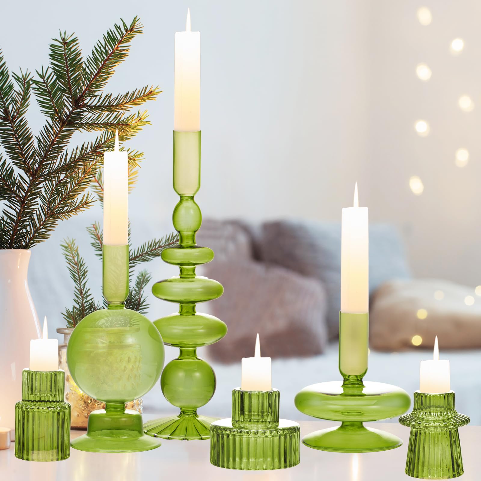 Glass Candlestick Holders, Set of 6 Glass Taper Candle Holders for Candle Sticks, Modern Style Wavy Green Candle Stick Holder for Table Centerpiece, Wedding, Dinner, Party, Home Decor