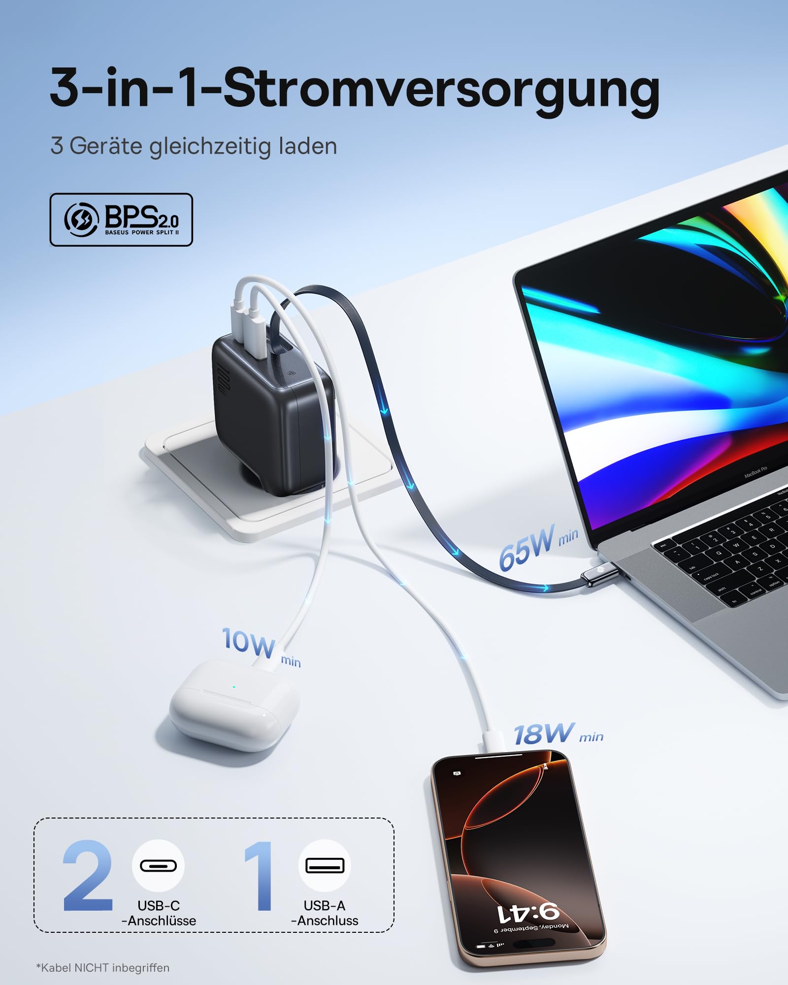 Baseus Enercore USB C Ladegerät 100W mit Ausziehbaren Kabel, 3 Ports GaN Netzteil, PD Schnellladegerät kompatibel mit MacBook Pro Air, Dell, HP, iPad, iPhone 17/16/15/14/13Pro Max Galaxy S25/24Ultra