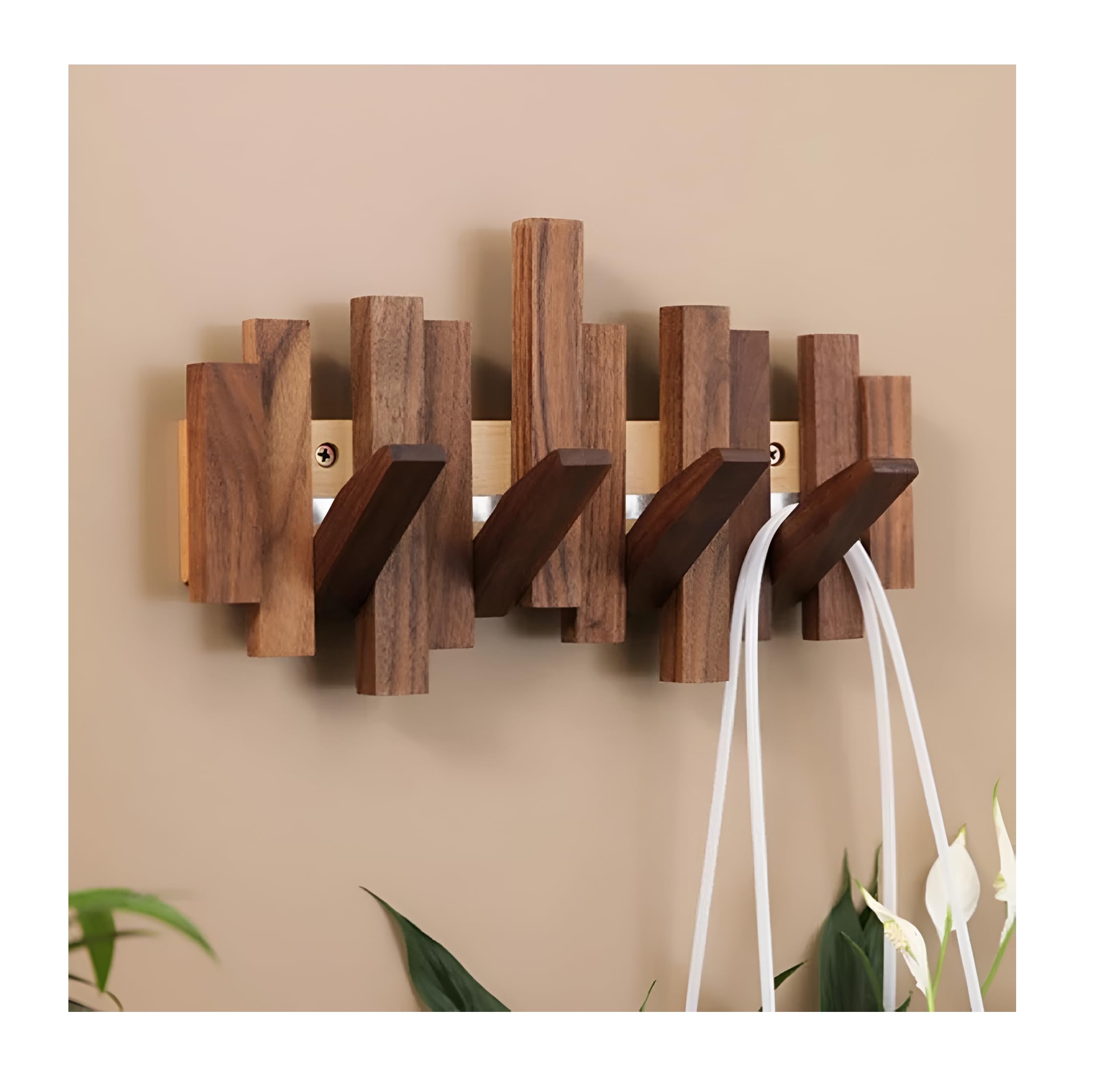 XSOURCE Foldable Multi-Hook Hanger for Coats, Bags, Hats, Towels Modern Teak Wooden Wall Mounted Hook Rack Stylish Space-Saving Organizer for Entryway, Bedroom, Bathroom, Office (4 Hook)-image-21