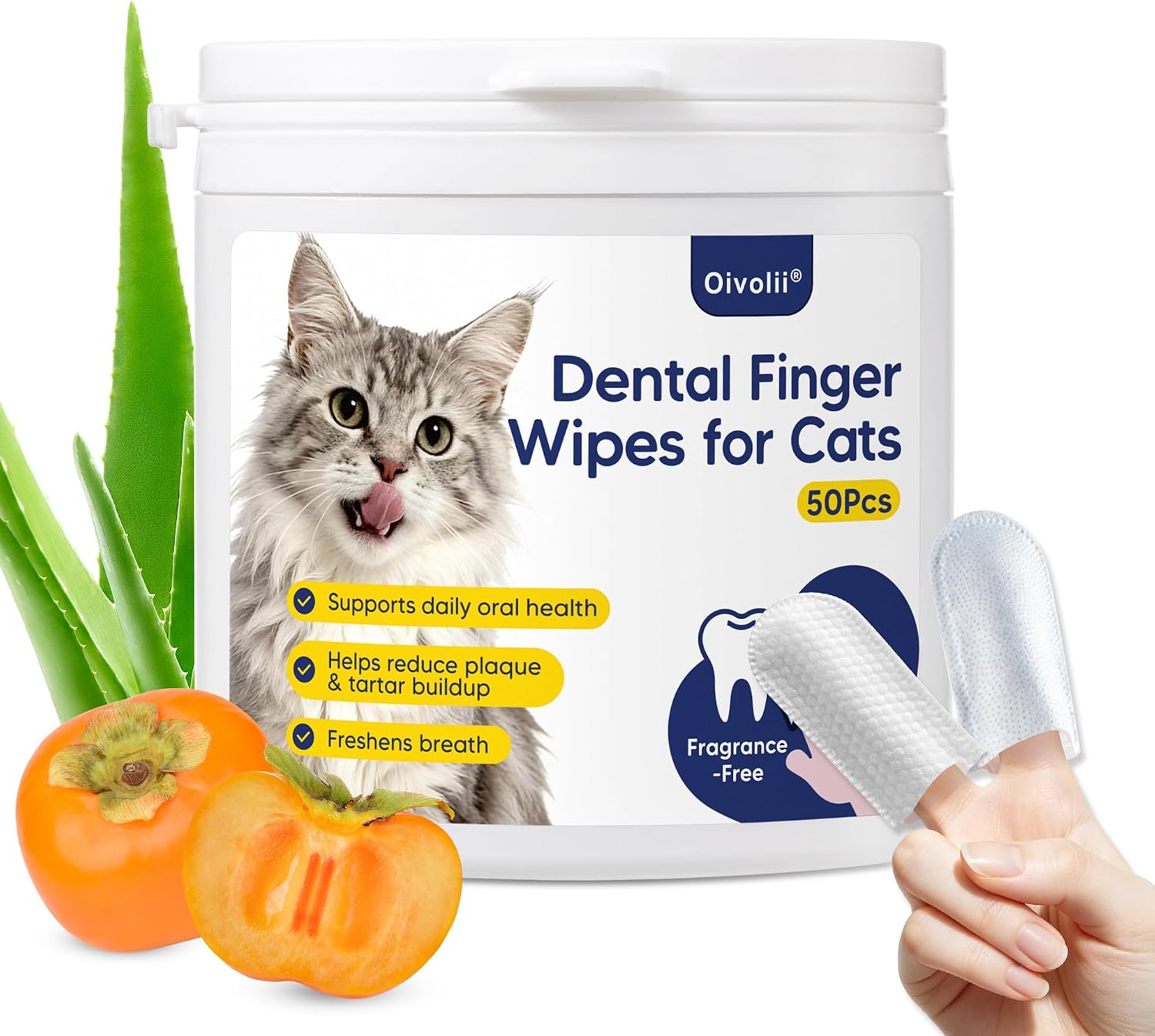 Dental Finger Wipes For Cats, Triple Enzyme & Probiotic Formula, Plant-Based Fragrance-Free Gentle Oral Cleaner, Soothe Delicate Gums, Remove Plaque Bad Breath, Kittens Oral Care Supplies, 50 Pcs