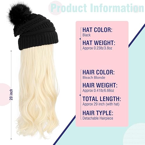 Miniatura 5 de Lansigreen Gorro con peluca, gorro con cabello, extensiones largas onduladas, gorro de punto con pompones, 20 pulgadas, sintético, extraíble, para