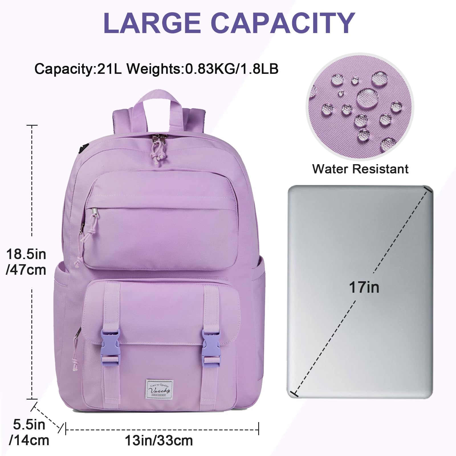 VASCHY Travel Backpack for Girls, Large Fashion Schoolbag Book Bag Rucksack for High School/College/Work/Daypack/Commuter Purple