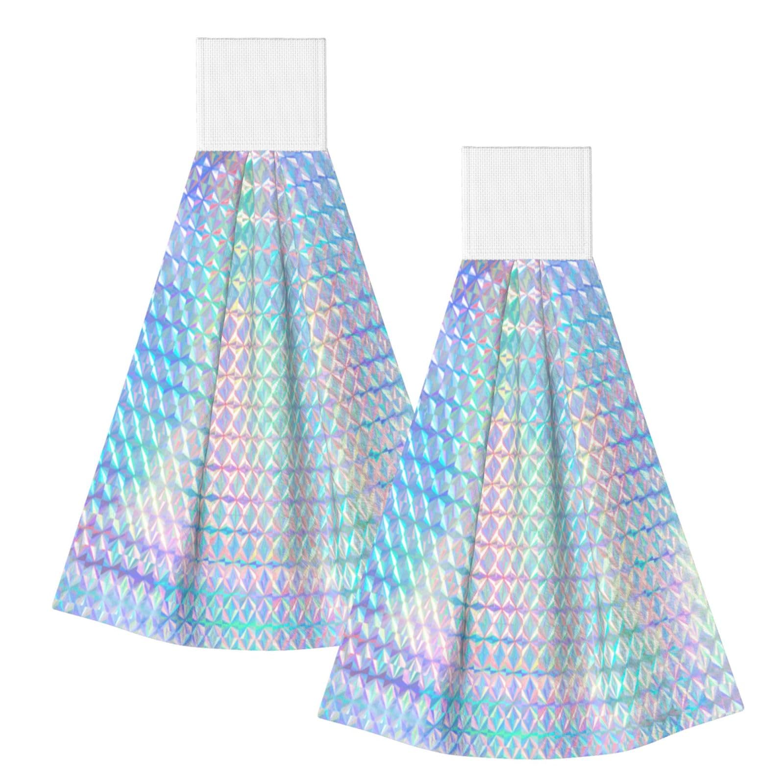 DOPKLNA Colourful Rainbow Colour Hologram Holographic, 2 Pcs Hanging Coral Fiber Hand Towels for Bathroom, Absorbent Kitchen Towels