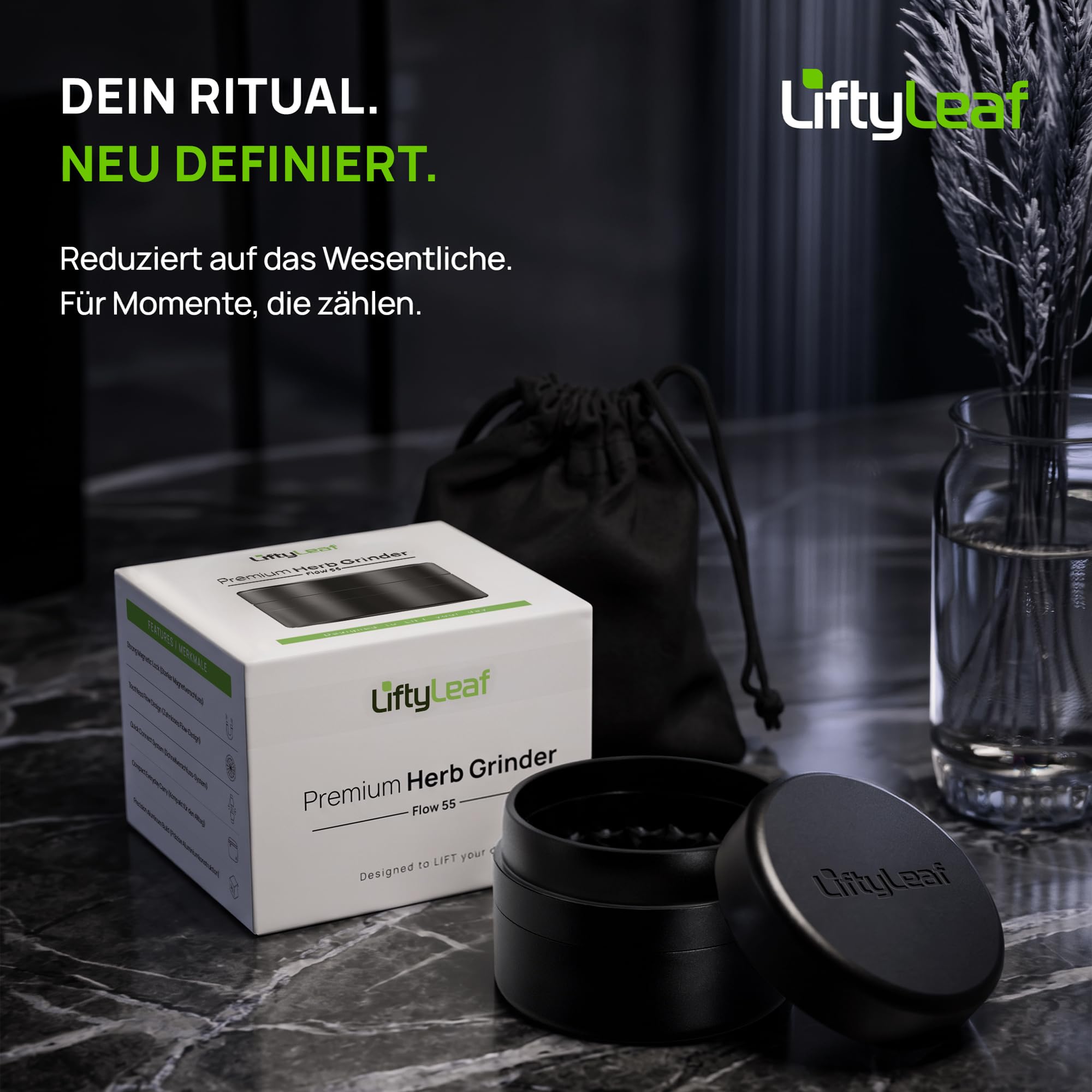 Flow 55 Kräutermühle 55 mm – Premium Grinder Set 3-teilig aus Aluminium, Zahnloses Design ohne Verstopfen, Metall Grinder mit Magnetverschluss, Kompakt Schwarz