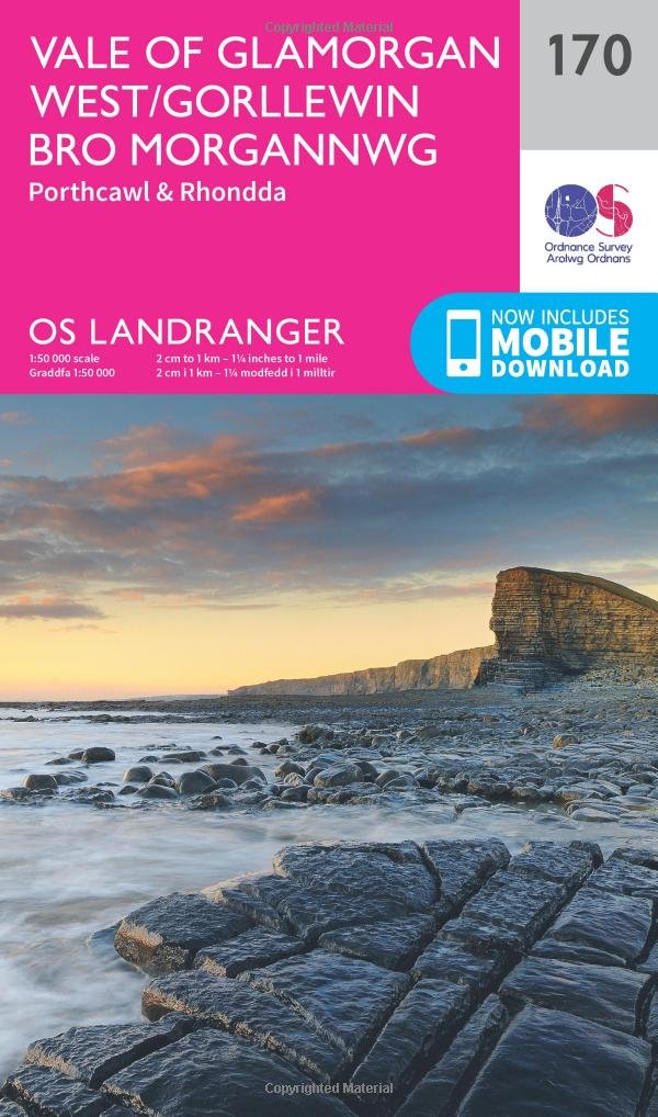 Ordnance Survey Landranger 170 Vale Of Glamorgan, Rhondda & Porthcawl Map With Digital Version Pink