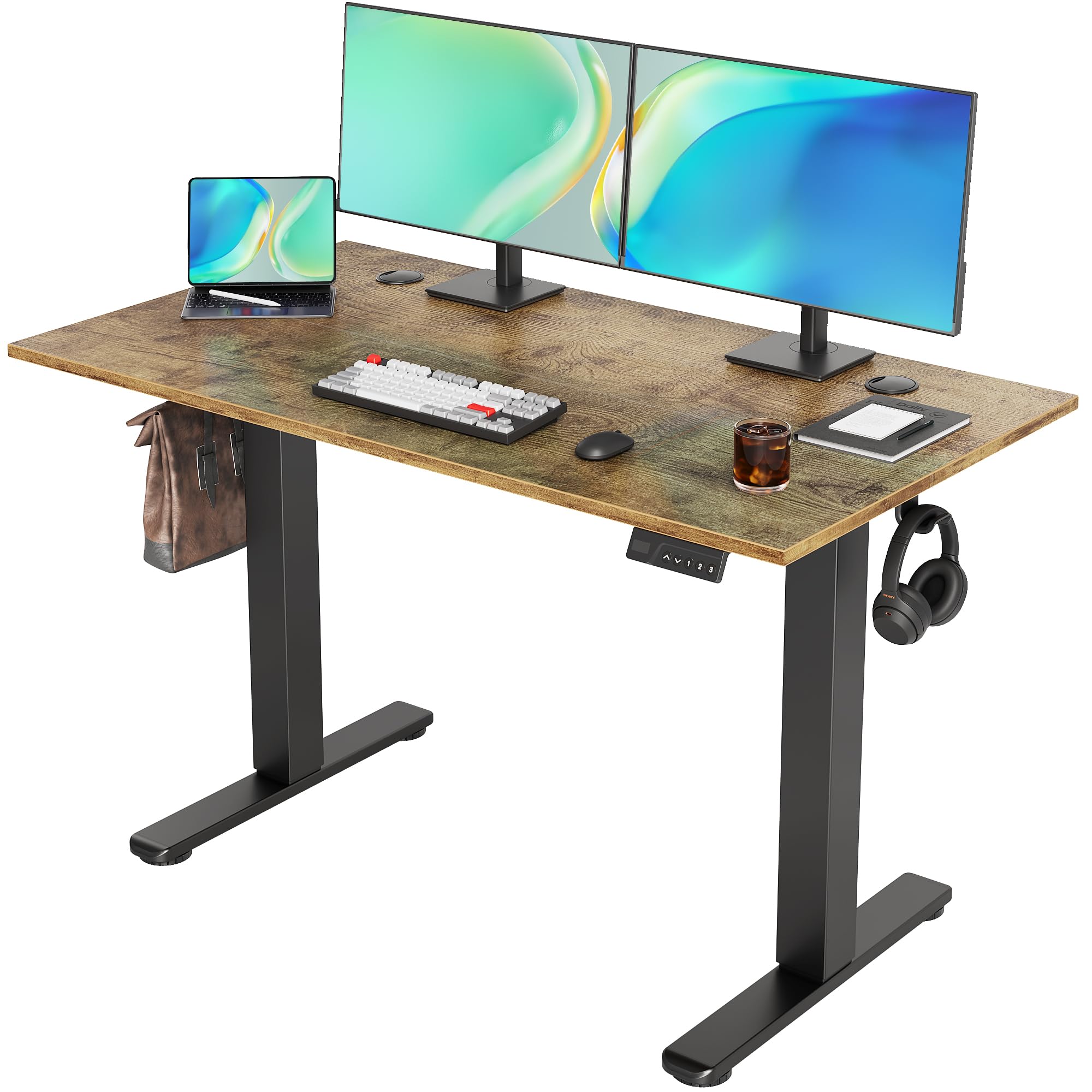 Seang Electric Standing Desk Adjustable Height, 48 x 24 Inch Sit Stand Desk with T-Shaped Frame, 3 Memory Presets & Cable Management for Home Office