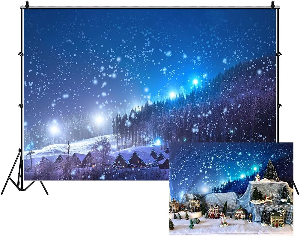Leowefowa 7x5ft Christmas Backdrop Rustic Village Night View Forest Trees Snowing Shining Lights Blue Sky Winter Xmas Vinyl Photography Background Kids Children Adults Photo Studio Props