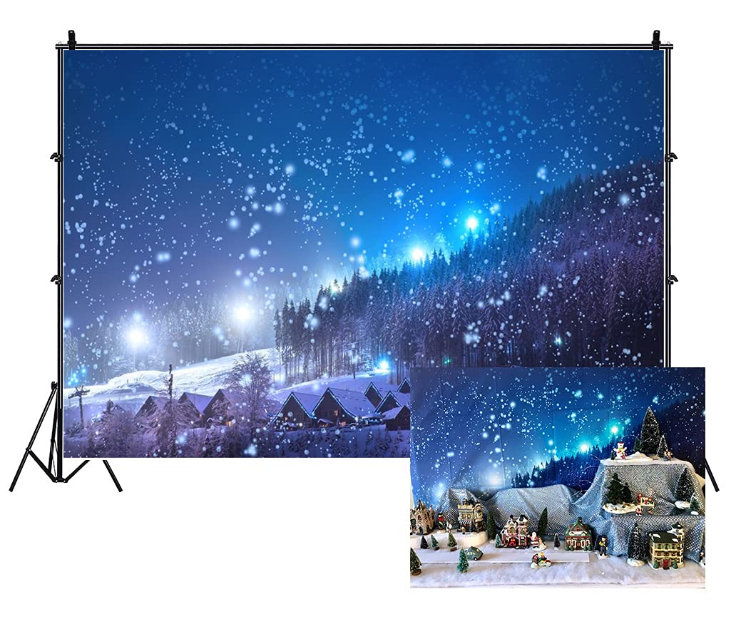 7x5ft Christmas Backdrop Rustic Village Night View Forest Trees Snowing Shining Lights Blue Sky Winter Xmas Vinyl Photography Background Kids Children Adults Photo Studio Props