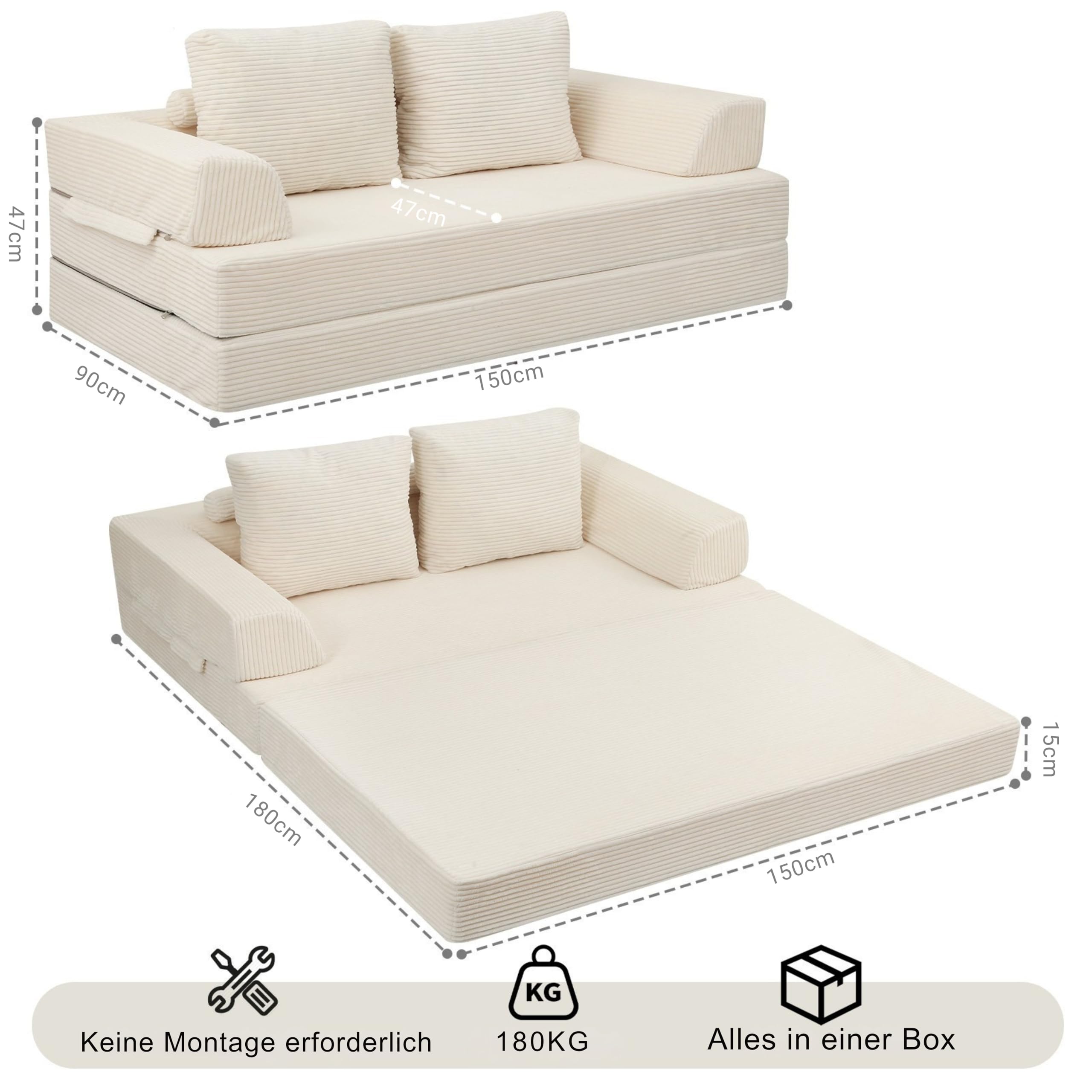 MeMoreCool Boneless Sofa Bett aus Cord – Boden Schlafsofa Convertible Futon mit Kissen, Bequeme Schaumstoff-Matratze, Vielseitige Lounge Cloud Couch für Wohnzimmer & Schlafzimmer, Beige