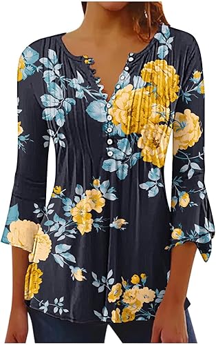Tuianres Button Down Blouses for Women, Pleats V Neck 34 Flared Sleeve Cute Tops Summer Casual Trendy Floral Print T-Shirts