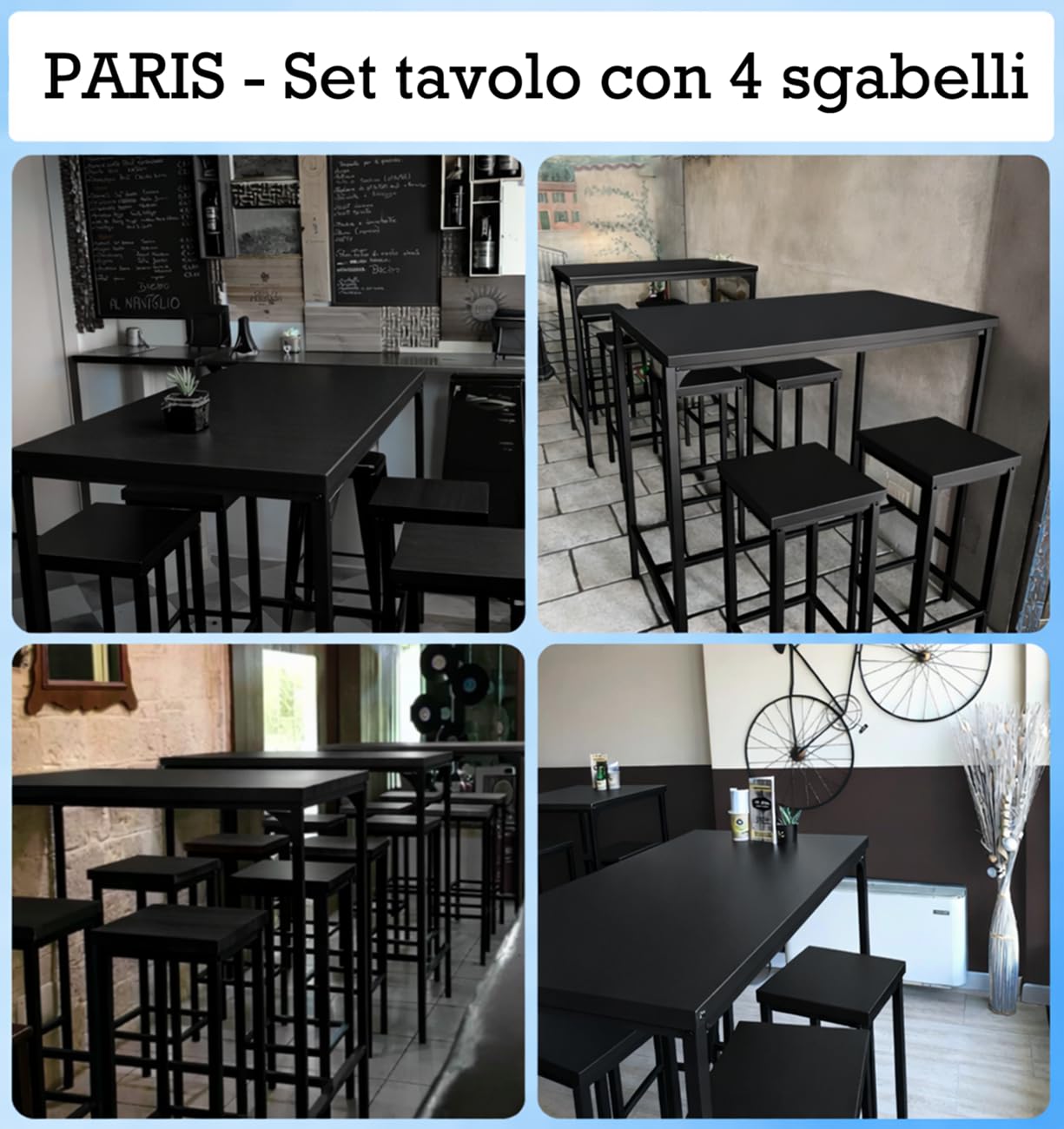 yelloo - Set tavolo Alto e spazioso con 4 sgabelli bar per Cucina, tavolo da cucina, adatto da interno o esterno solo sotto gazebo tenda terrazza (PARIS 110x66 cm Nero)