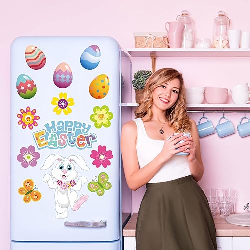Miniatura 7 de Whaline Imanes de Pascua para refrigerador, 16 unidades, diseño de conejo de Pascua, huevos de conejo, flores, imanes de nevera, calcomanías