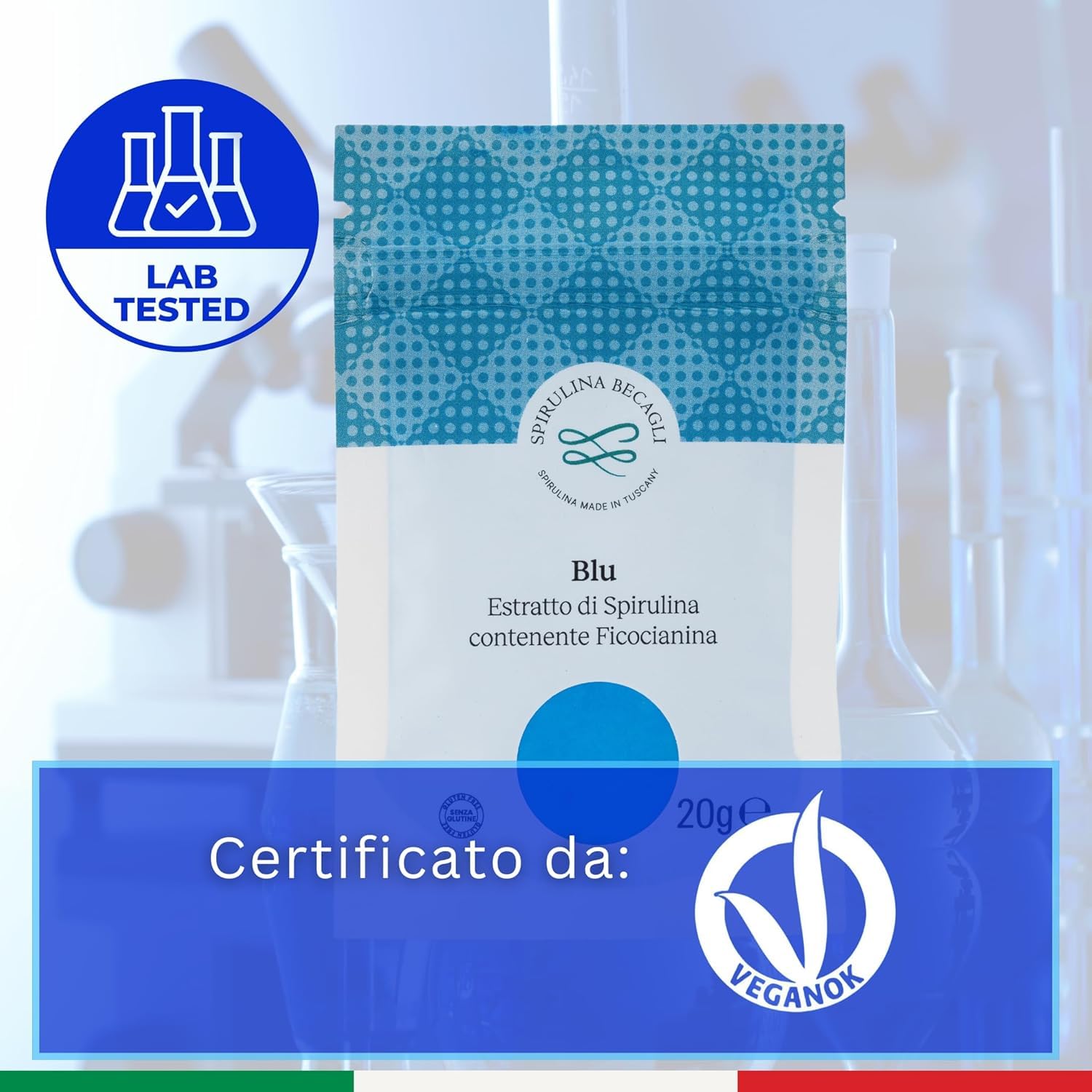 SPIRULINA BECAGLI Spirulina Blu In Polvere 20 g, Colorante Alimentare Naturale A Base Di Ficocianina, Polvere Blu Per Bevande E Preparazioni Alimentari, Made in Italy, Vegan OK (20 gr.)