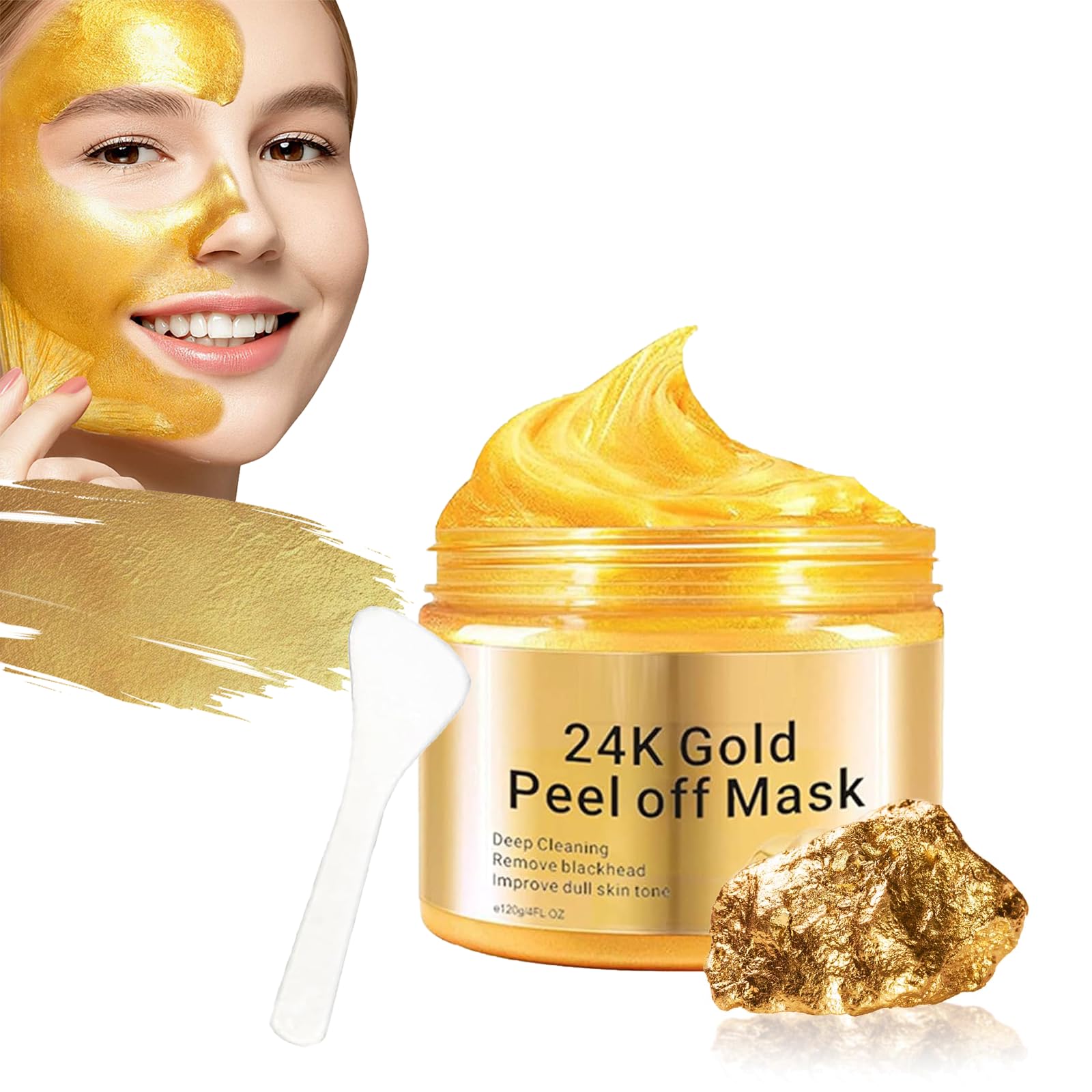 24K Gold Peel Off Face Mask,Anti-Wrinkle,Hydrating & Firming Facial Treatment,Deep Cleansing Pore Mask with Collagen & Hyaluronic Acid,Blackhead Remover for Women & Men,120ml