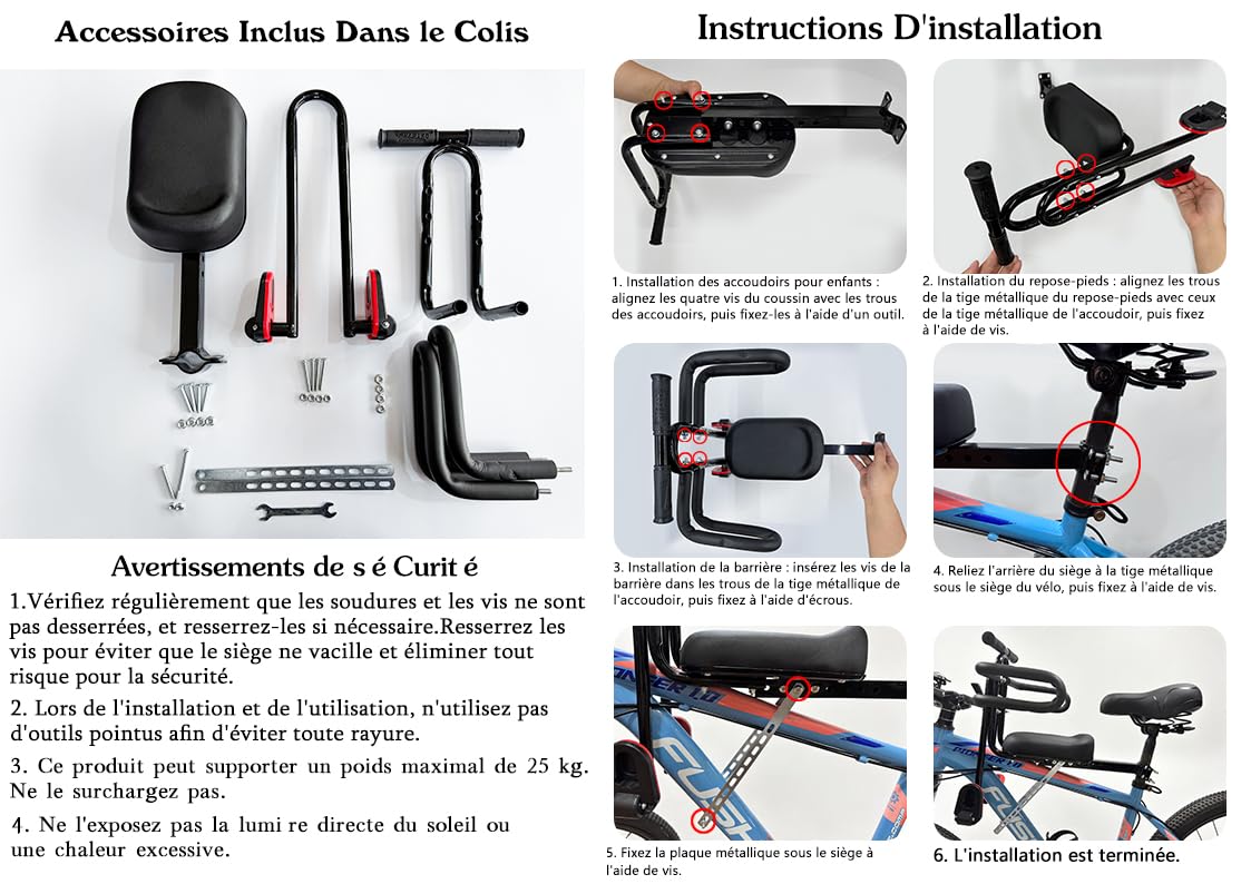 auvstar Siege Velo Enfant Avant,Siege Velo Enfant avec Accoudoirs et Repose Pieds,Bébé Siège à Bicyclette pour Bicyclette,VTT Et Vélos Électriques