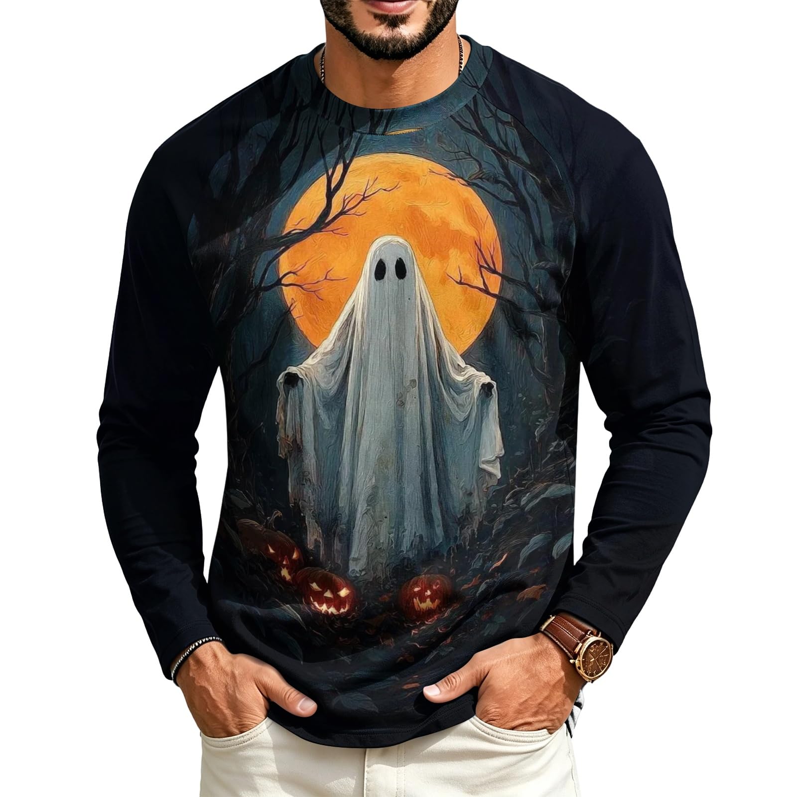 Halloween Crew Neck Shirts Costumes for Men Long Sleeve,01-Saffron XL — image 1