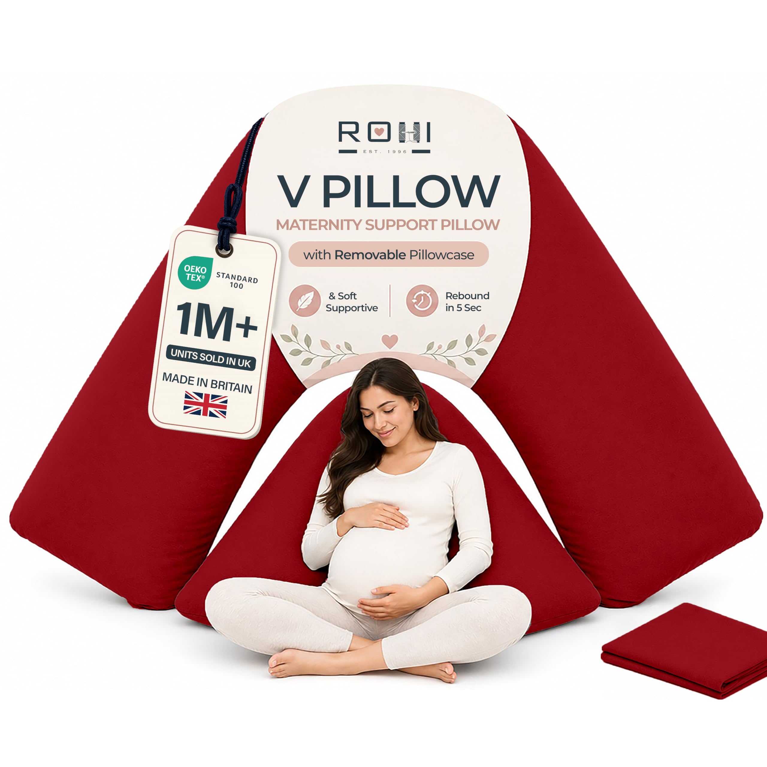 Rohi Red Orthopaedic V Pillow With Pillowcase – Anti Allergy Triangle Pillows For Adults, Nursing, Maternity & Pregnancy – Extra Hollowfibre Cushioning To Supports Neck, Head & Back (Red)