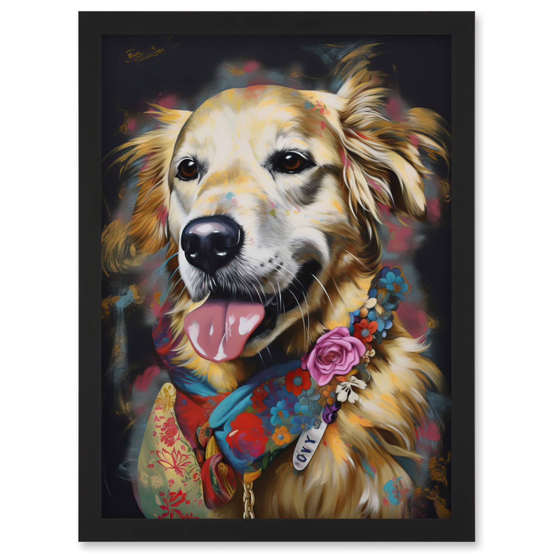 Artery8 Golden Retriever Dog with Floral Bandana Collar Artwork Framed Wall Art Print A4