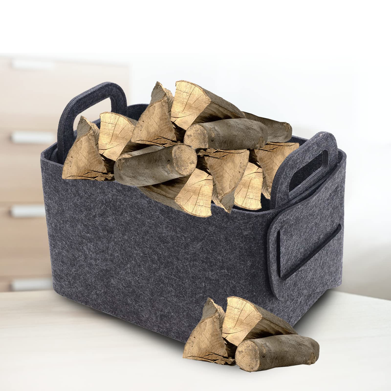 Kaminholzkorb Brennholzkorb Metall Modern Holzkorb Klein mit Henkel Filz Aufbewahrung Korb zum Aufbewahren von Brennholz Zeitschriften Zeitung,40x25x28cm