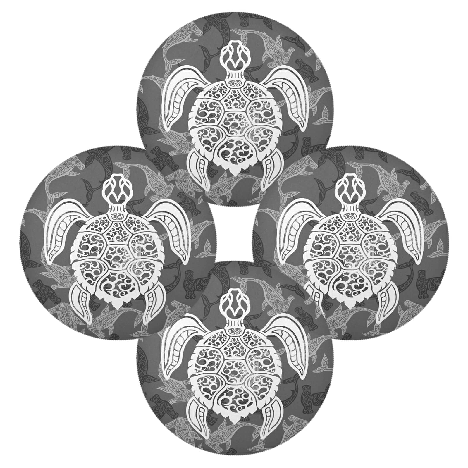 Poeticcity Multi 4 White Sea Turtle On Seamless Fishes Background Set Of 1 Table Placemat, Non-Slip Place Mats Protector Washable Plate Mat Holder, 15.4 Inches Round Desk Pad For Kitchen Dining