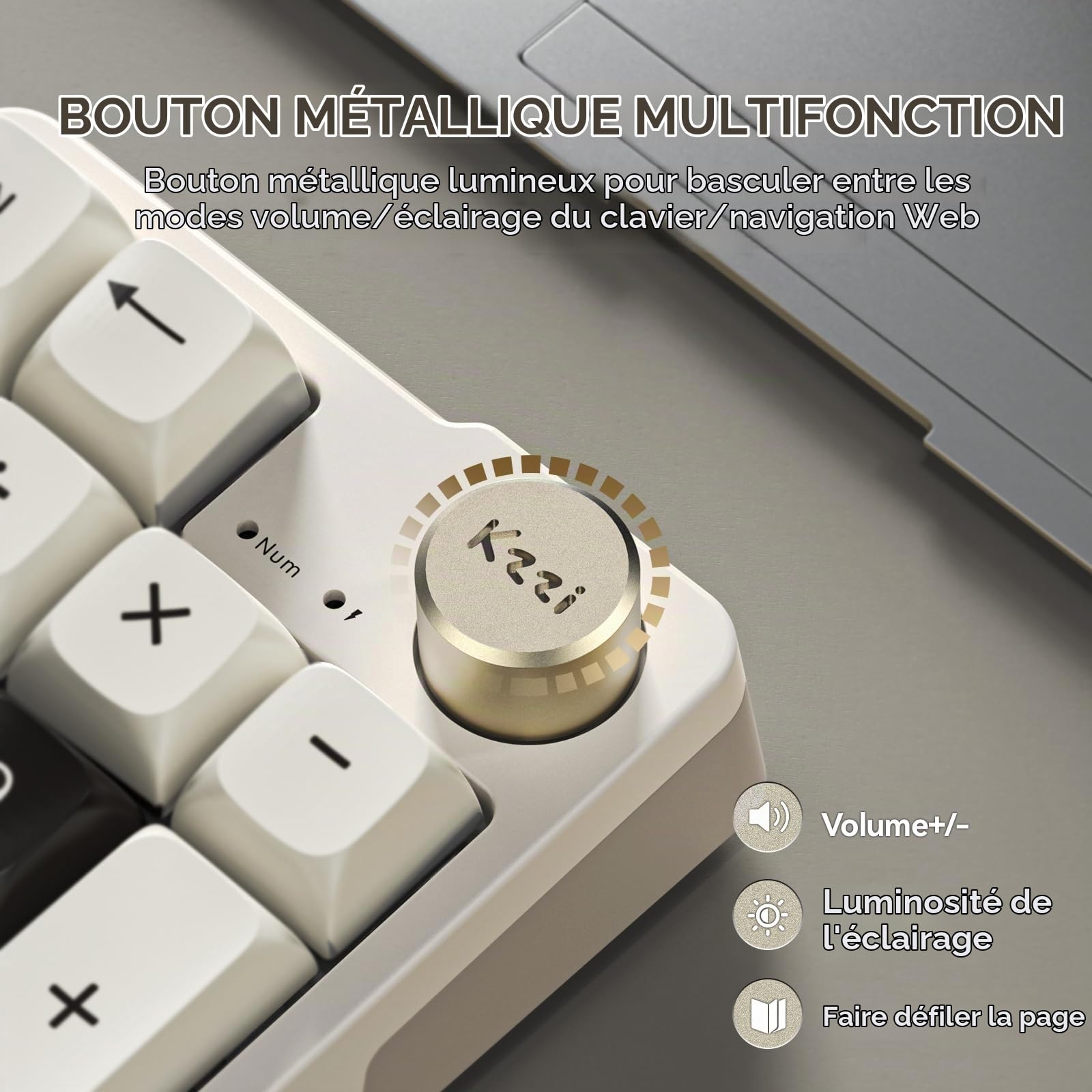 KZZI K20 Pavé numérique mécanique sans Fil – Rechargeable Tri-Mode (BT3.0/2.4G/USB-C), Rétroéclairage RVB, Molette en Aluminium, Échangeable à Chaud – Gris étoilé