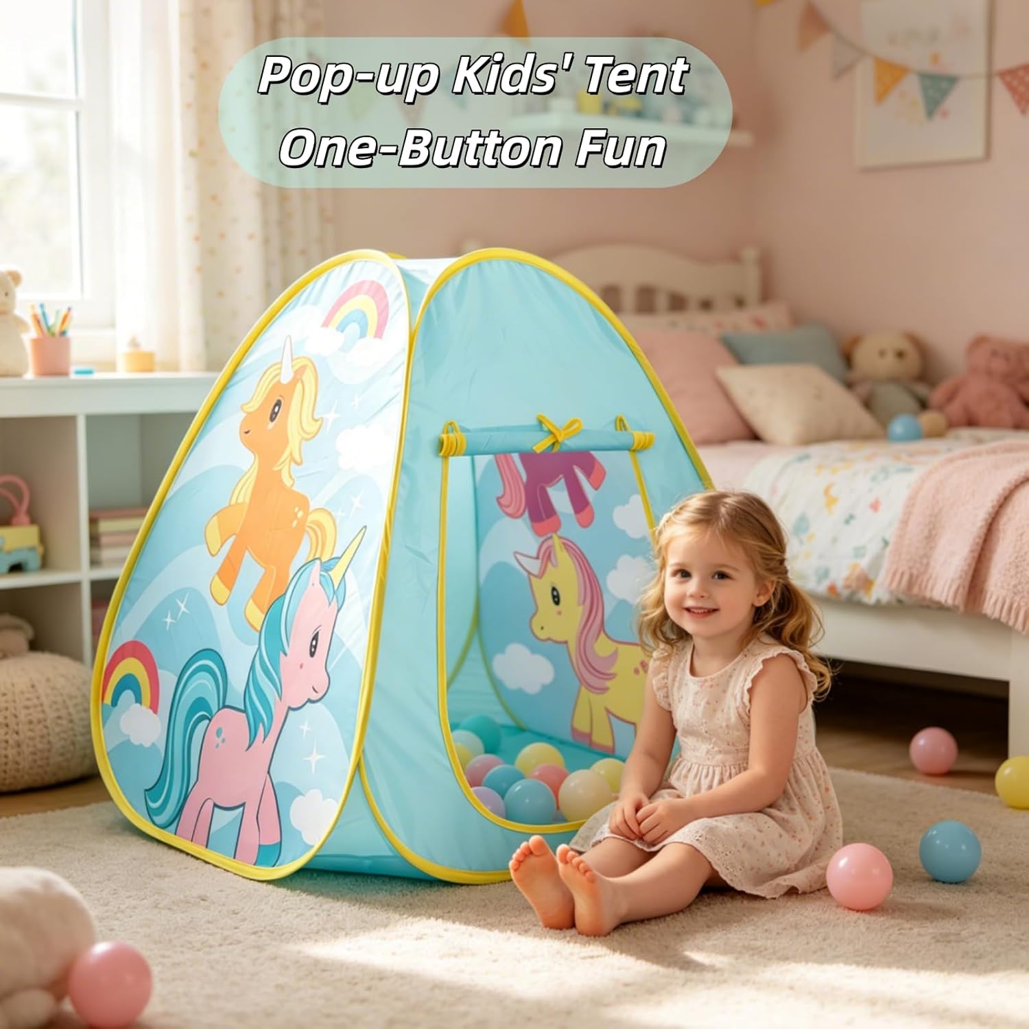 Unicorn Pop Up Play Tent for Kids, Foldable Indoor Outdoor Playhouse, Portable Toddler Tent for Boys Girls Gift