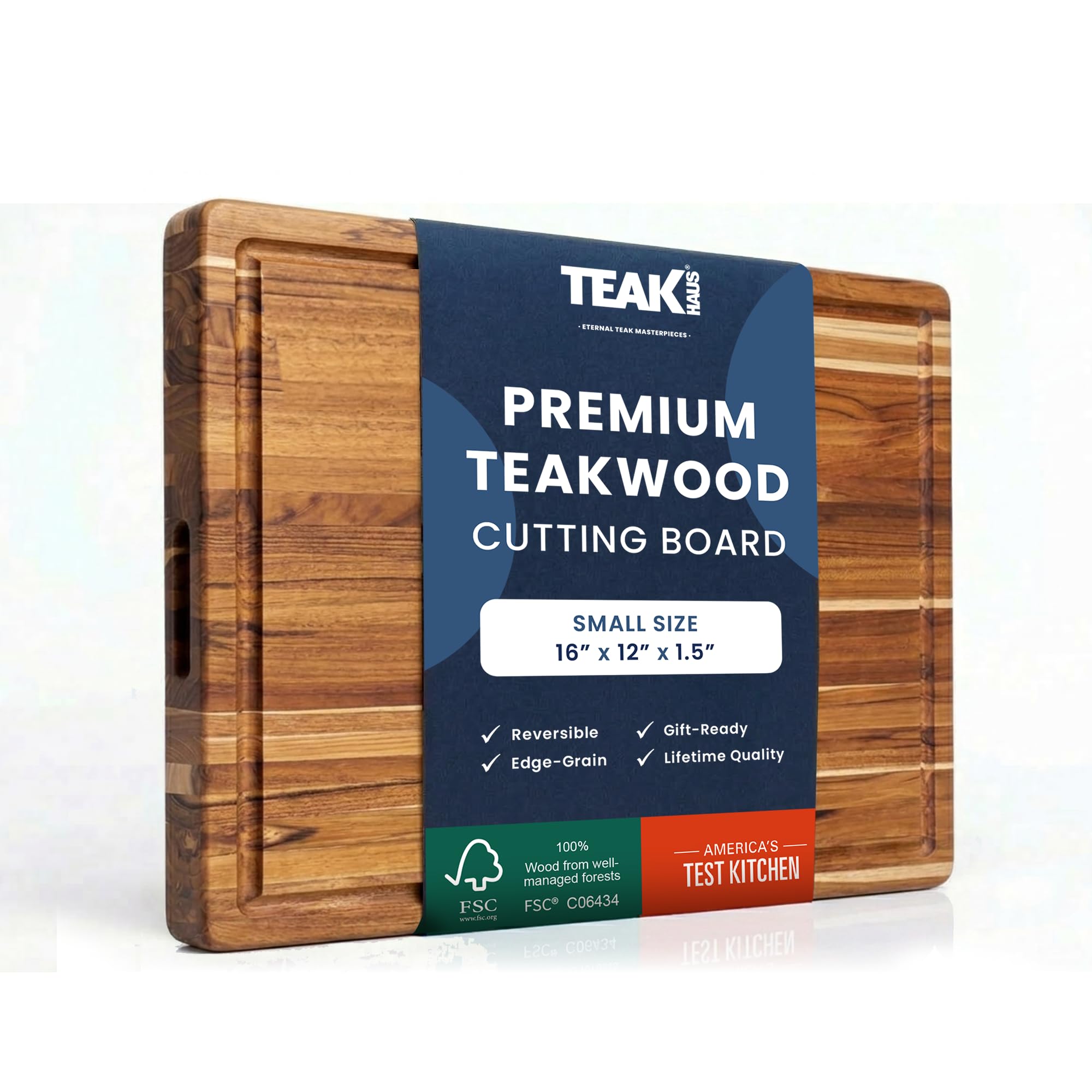 Teakhaus Schneidebrett Holz, 41×31×3,8 cm, FSC-Teakholz, Saftrille | Tranchierbrett, für Gemüse, Fleisch & Kräuter, natürlicher Ölgehalt, wasserabweisend, antibakterielle Eigenschaften