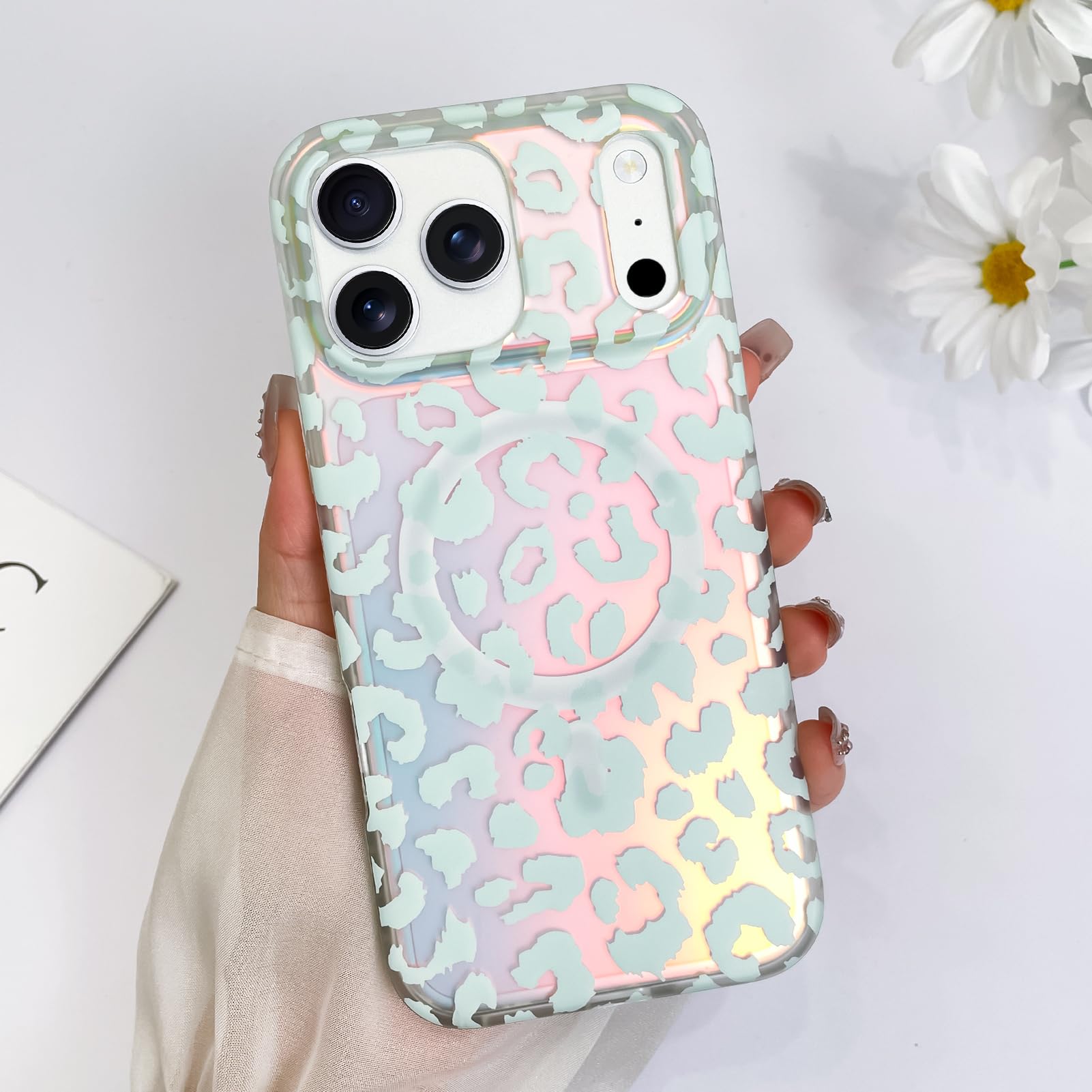 SAKUULO Custodia magnetica iridescente per iPhone 00 Pro, leopardo laser