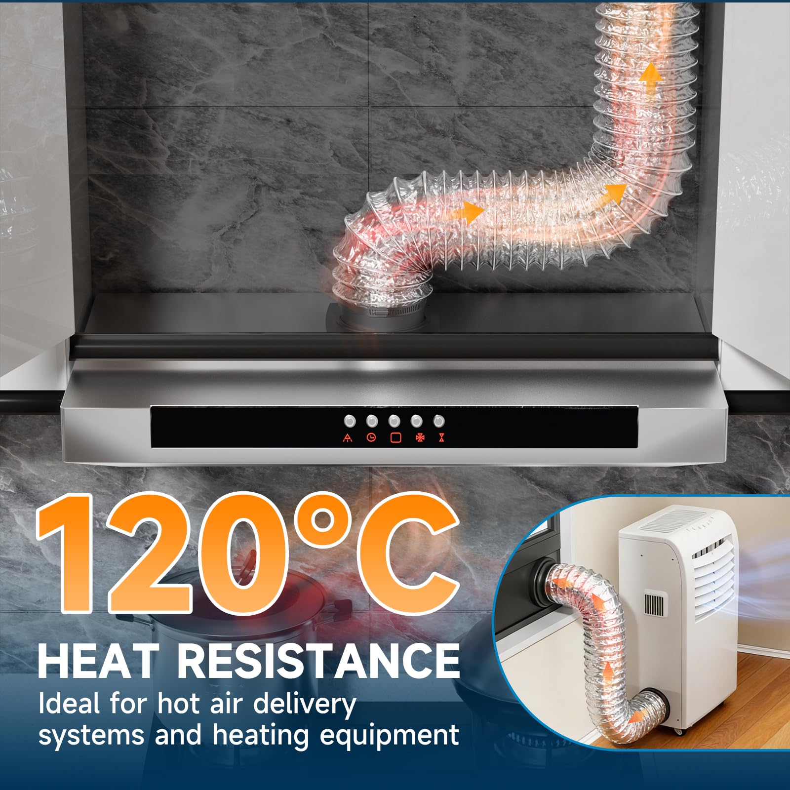 Hon&Guan Ø 125mm X 5m Manguera Flexible de Ventilación de Aluminio Tubo Salida Aire, Tubo Flexible de Salida de Aire con 2 Abrazaderas Acero para Aire Acondicionado, Campana Extractora, Plata