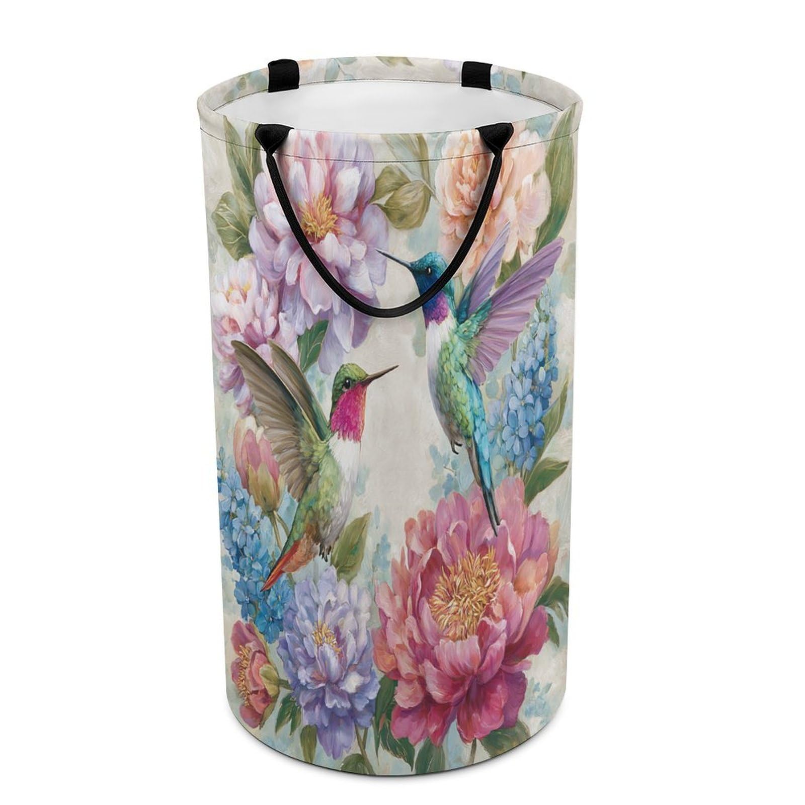 LUYYSKY Colorful Abstract Hummingbirds Versatile Storage Laundry Basket, Rustic Watercolor Spring Garden Flowers Birds Hummingbirds Large Capacity Bathroom Hamper With Handle