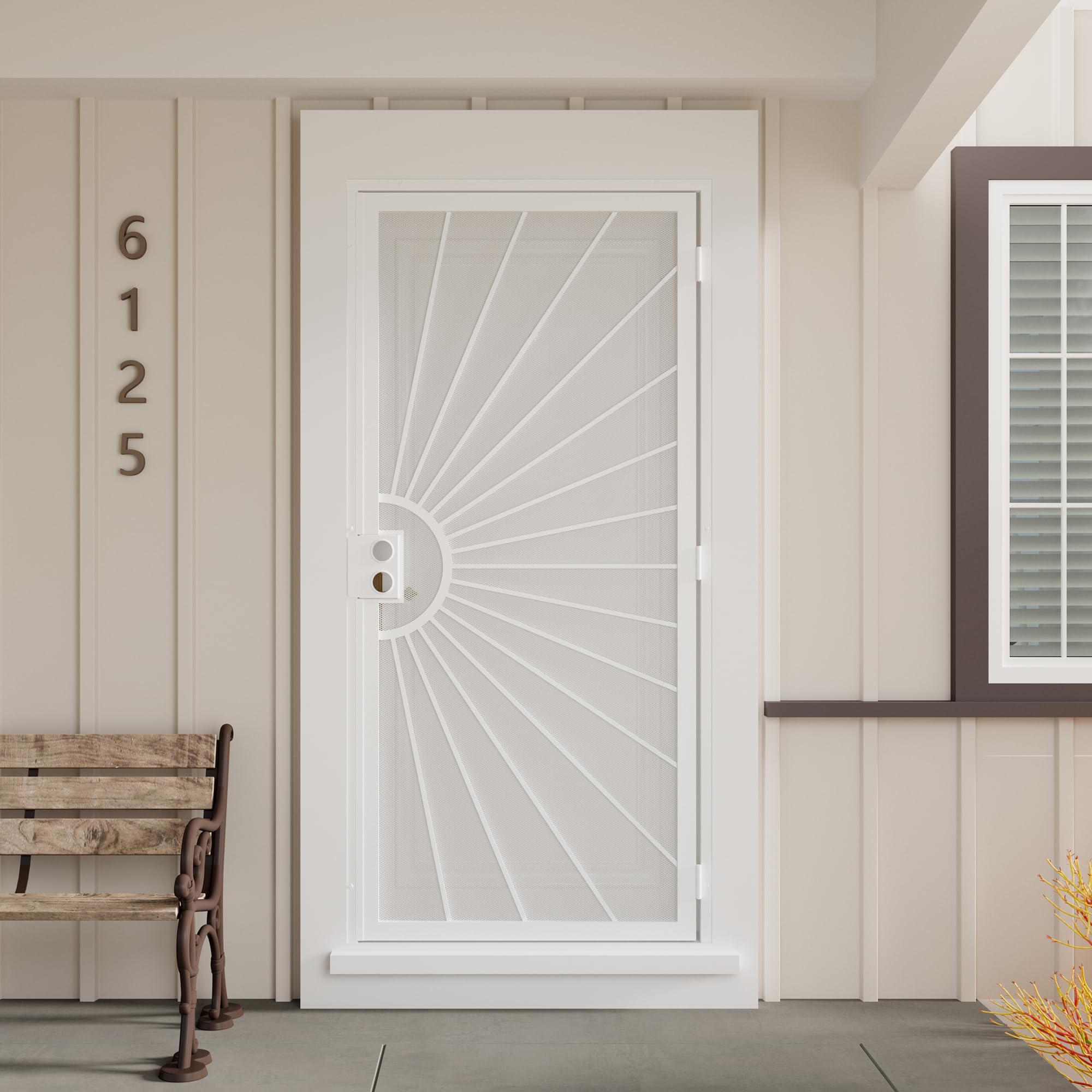 Surface mount, front entry, powder coated finish, lock not included, fits 36x80 opening, for home, porch, or garage JUBEST 36x80 Steel Security Door, White, Perforated Screen, Exterior Door