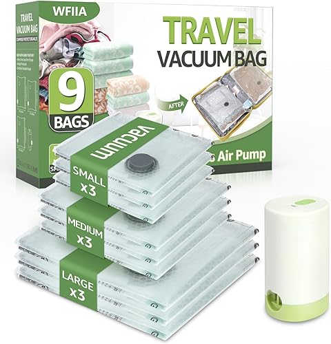 Vacuum Bags for Travel with Rechargeable air Pump, 9 Packs of 3 Sizes Vacuum Seal Bags for Clothing, Space-Saving Compression Storage Bags for Travel & Closet Organization