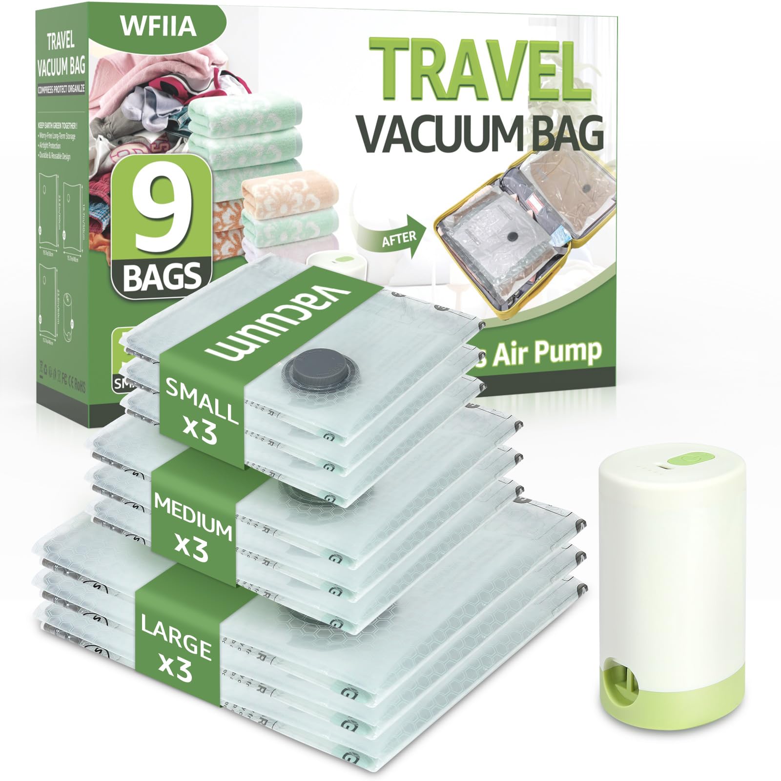 Photo 1 of **FACTORY SEALED** 9 Packs Vacuum Bags for Travel with Rechargeable air Pump, 3 Sizes Vacuum Seal Bags for Clothing, Space-Saving Compression Storage Bags for Travel & Closet Organization