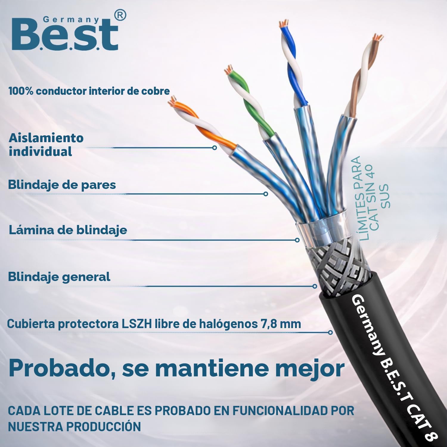 Germany B.e.s.t Simplex CAT 8 - Cable de red para exterior, 100 m, sin halógenos, 40 Gbps, CAT8, CAT8.1 LAN